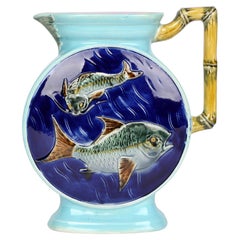 Joseph Holdcroft Majolica Moon Shaped Jug with Fish Dated 1877