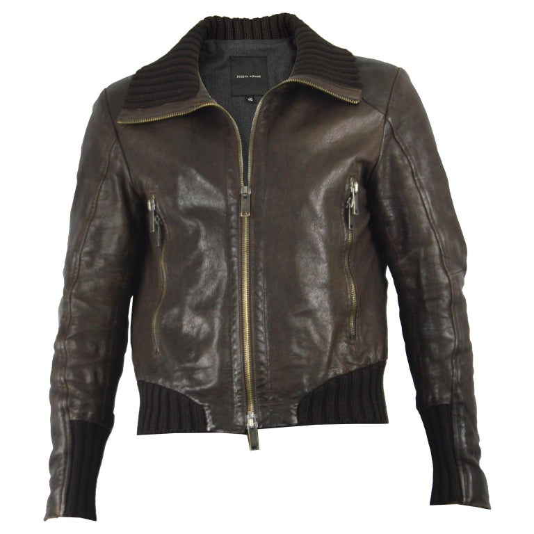 Joseph Homme Men S Brown Italian Leather Biker Jacket With Ribbed Knit Collar