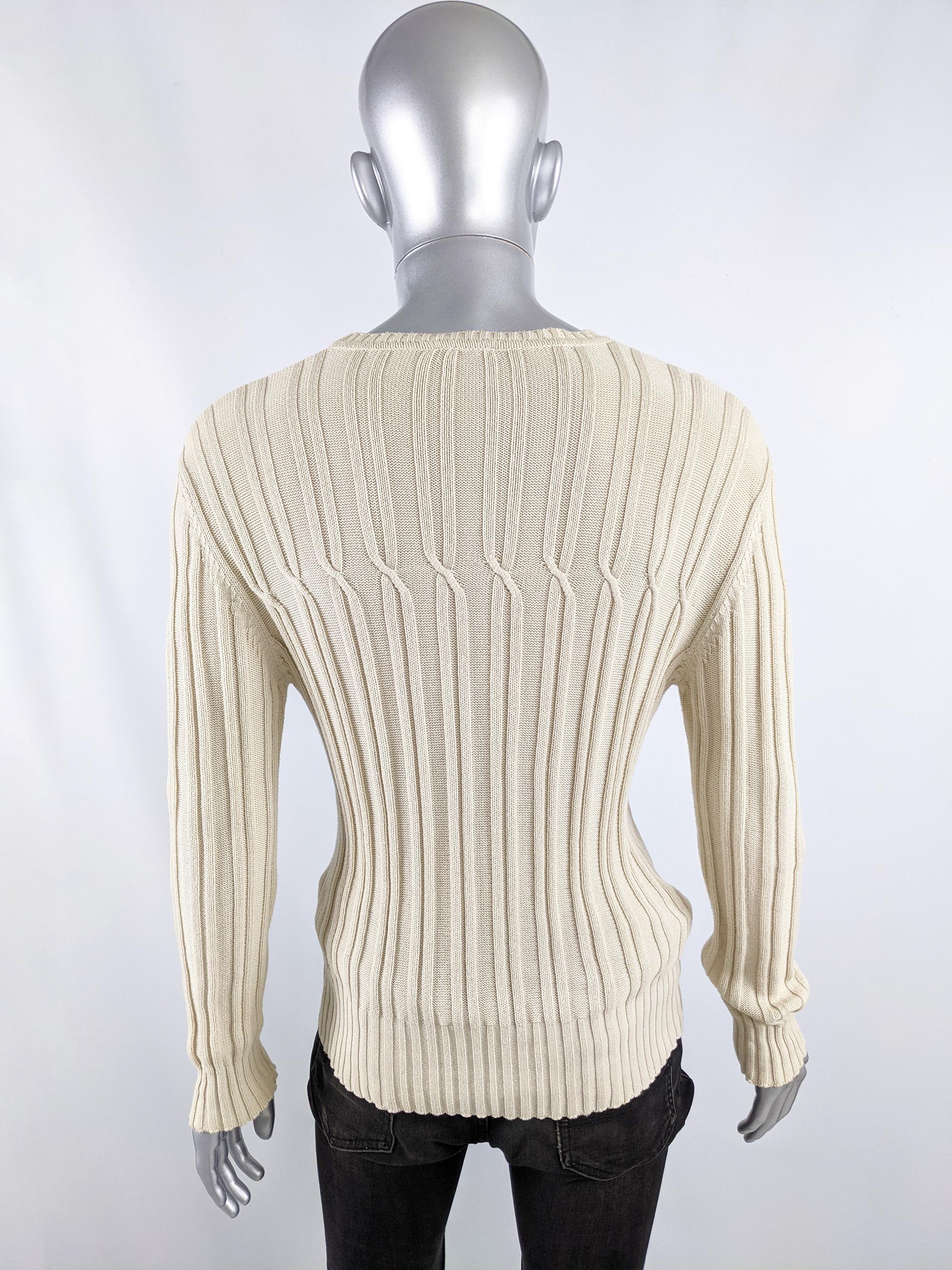 Beige Joseph Homme Mens Vintage Cream Slim Fit Cable Knit Crew Neck Sweater, 1990s For Sale
