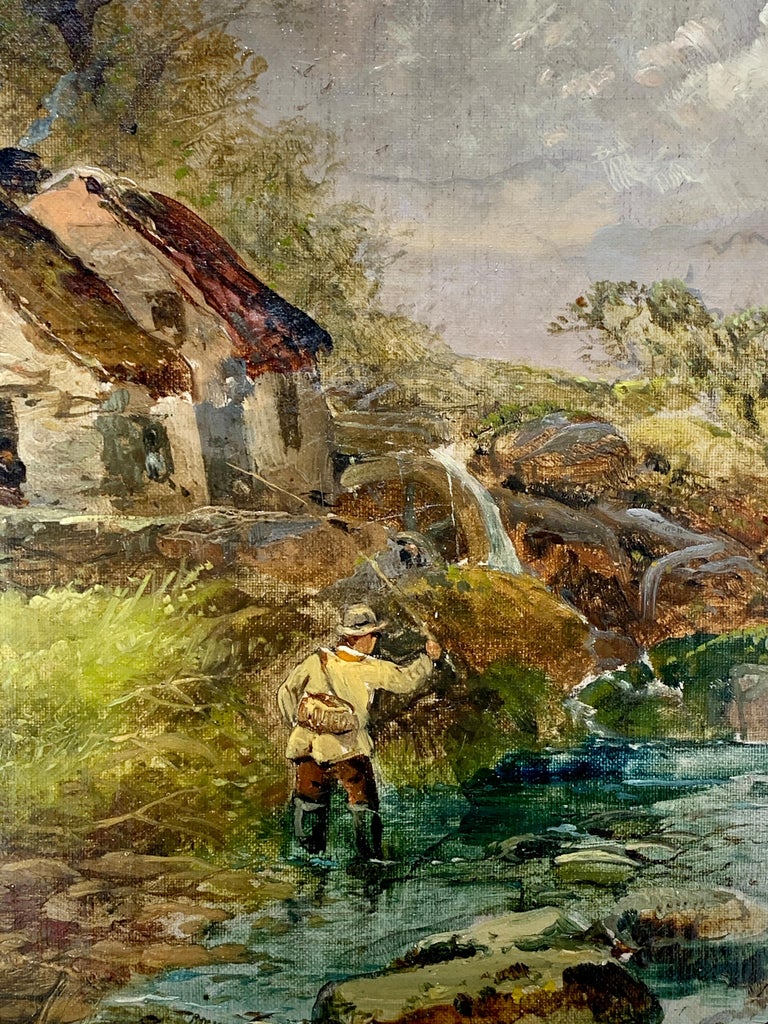 British 19th century Victorian River cottage landscape with fisherman - Brown Landscape Painting by Joseph Horlor