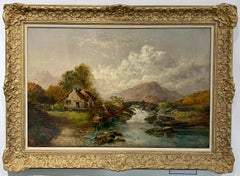 British 19th century Victorian River cottage landscape with fisherman