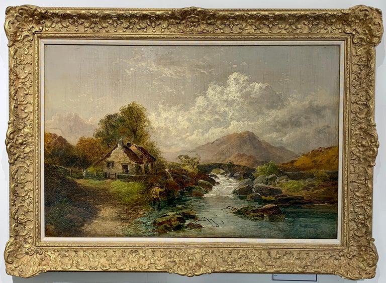 Joseph Horlor Landscape Painting - British 19th century Victorian River cottage landscape with fisherman