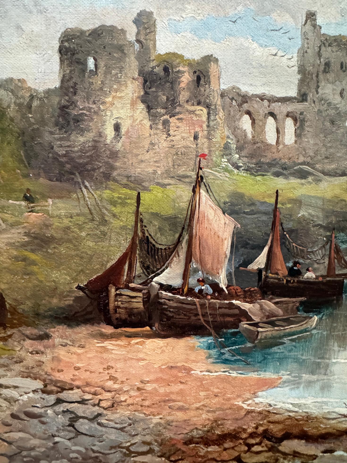 British 19th century Victorian Ruined Castle by the shore with fishing boats For Sale 1
