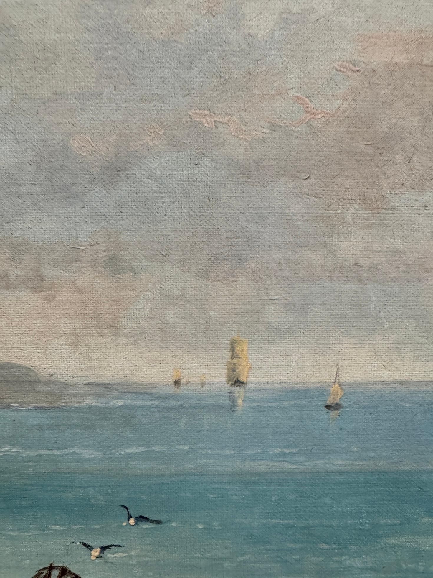 British 19th century Victorian Ruined Castle by the shore with fishing boats For Sale 2
