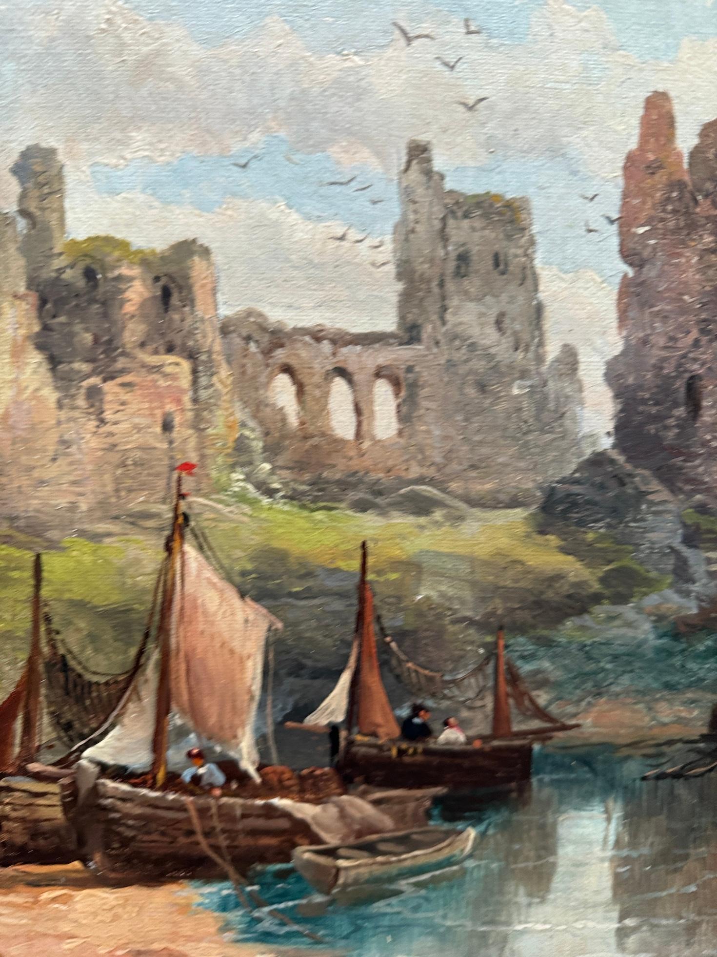 British 19th century Victorian Ruined Castle by the shore with fishing boats For Sale 3