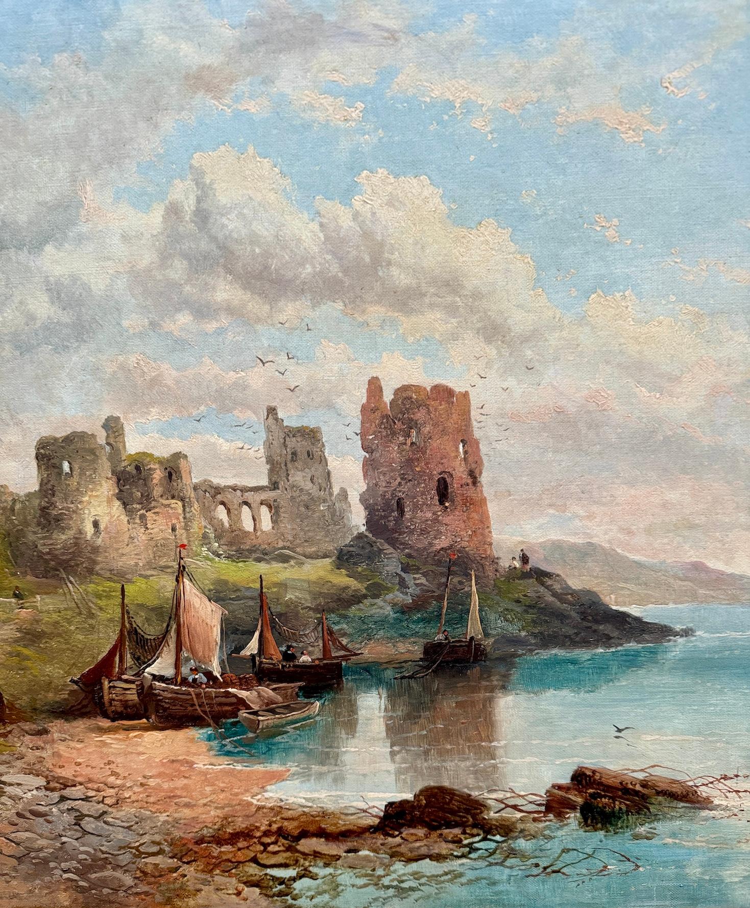 British 19th century Victorian Ruined Castle by the shore with fishing boats For Sale 5