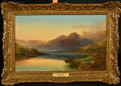 Fino óleo victoriano Figura en barca de remos al atardecer en un lago escocés de las Tierras Altas