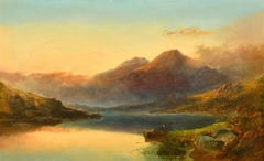 Fine Victorian Oil Figure in Rowing Boat at Sunset on Scottish Loch in Highlands