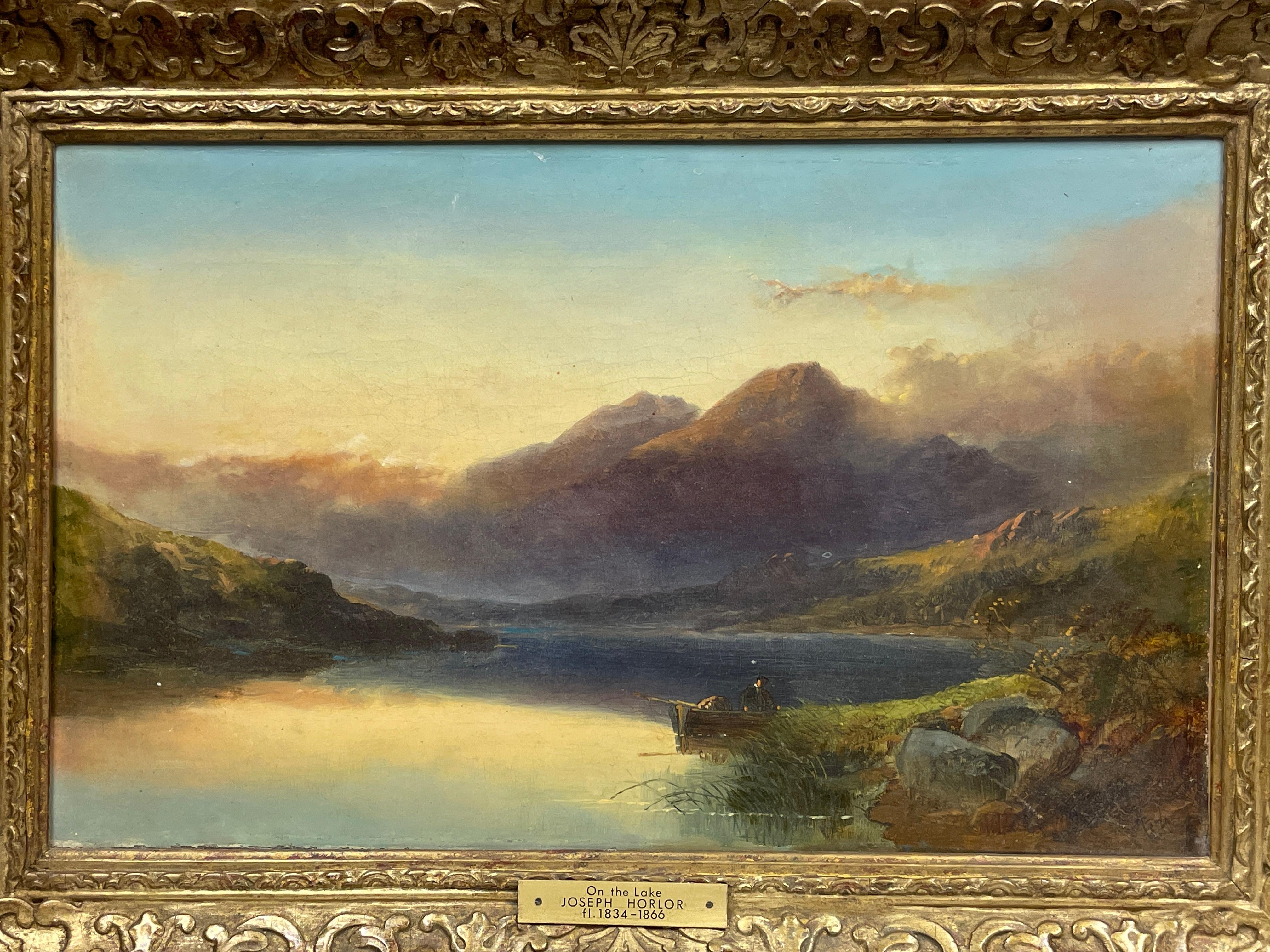 Fine Victorian Oil Figure in Rowing Boat at Sunset on Scottish Loch in Highlands - Beige Landscape Painting by Joseph Horlor