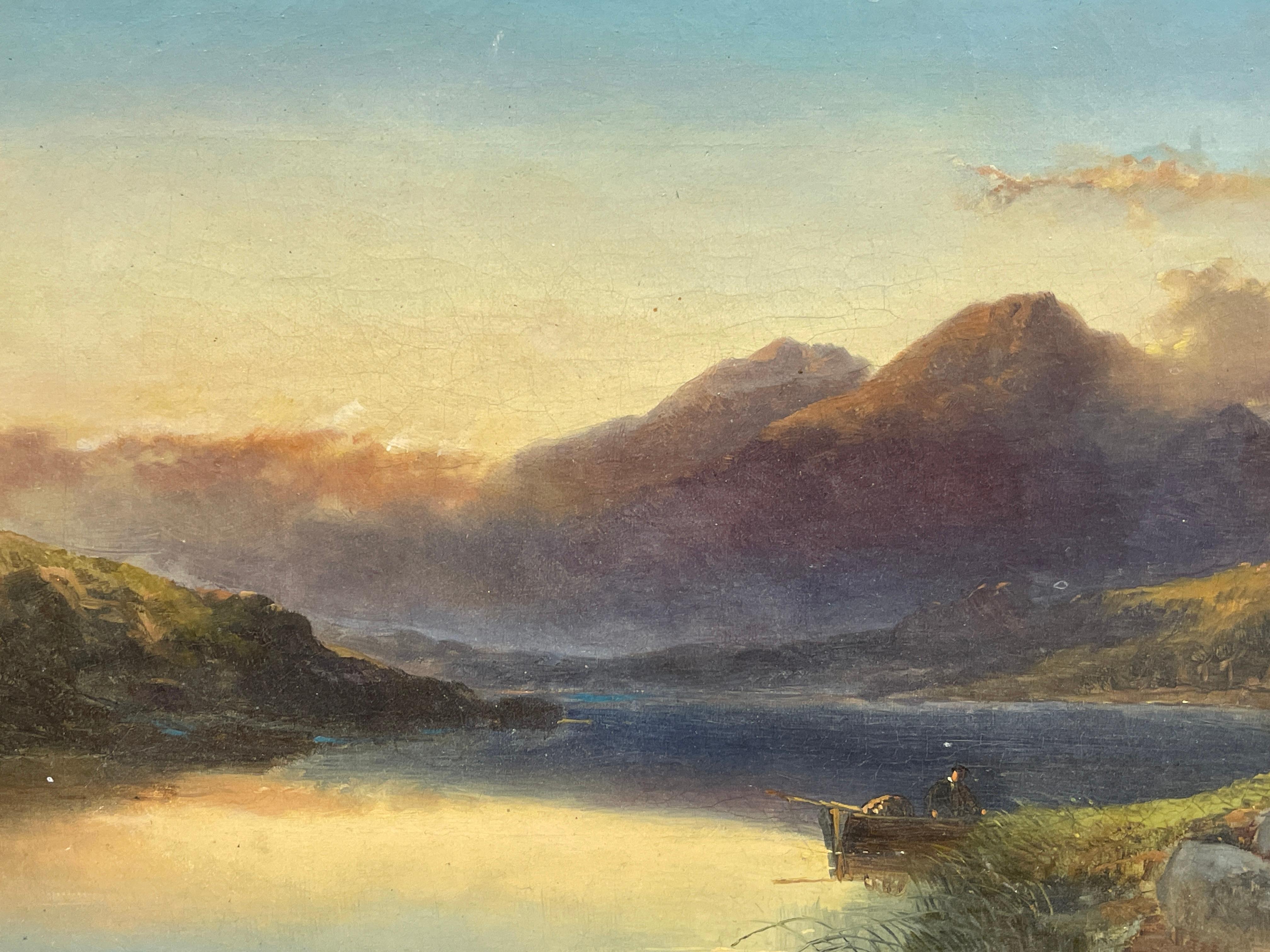 Joseph Horlor (1809-1887) British
A Figure in a rowing boat at dusk on a mountain lake, Scottish
oil painting on canvas, signed lower right: 9 x 14 inches
plus frame: 12.5 x 18 inches

condition: relined, restored to a high standard, very