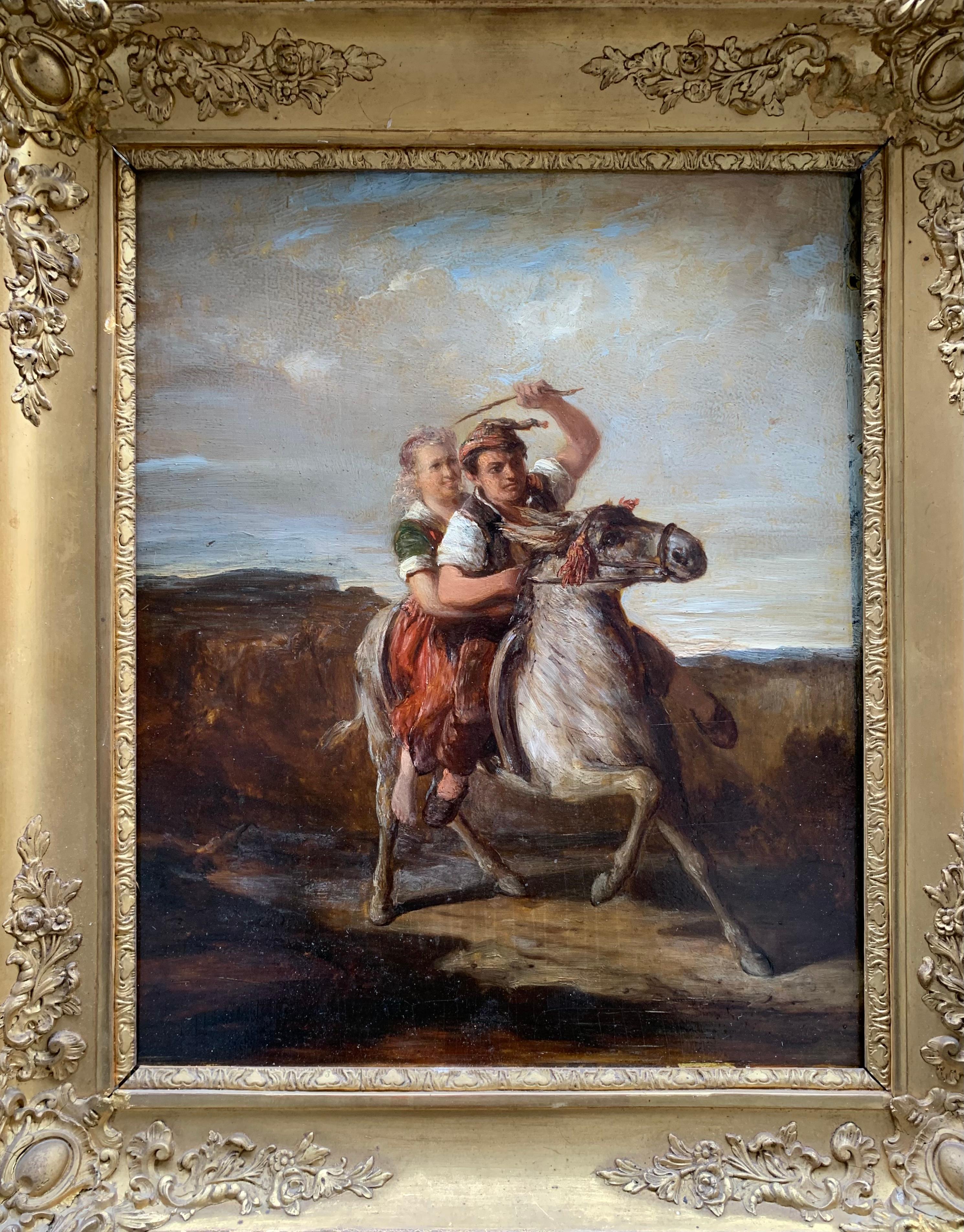 A couple of young boy and girl, dressed in ethnographic costumes, probably Savoyard, ride a donkey. 
The scene takes place in the middle of the countryside with mountains in the background.
Style: romanticism. 
Technique: oil on panel, with
