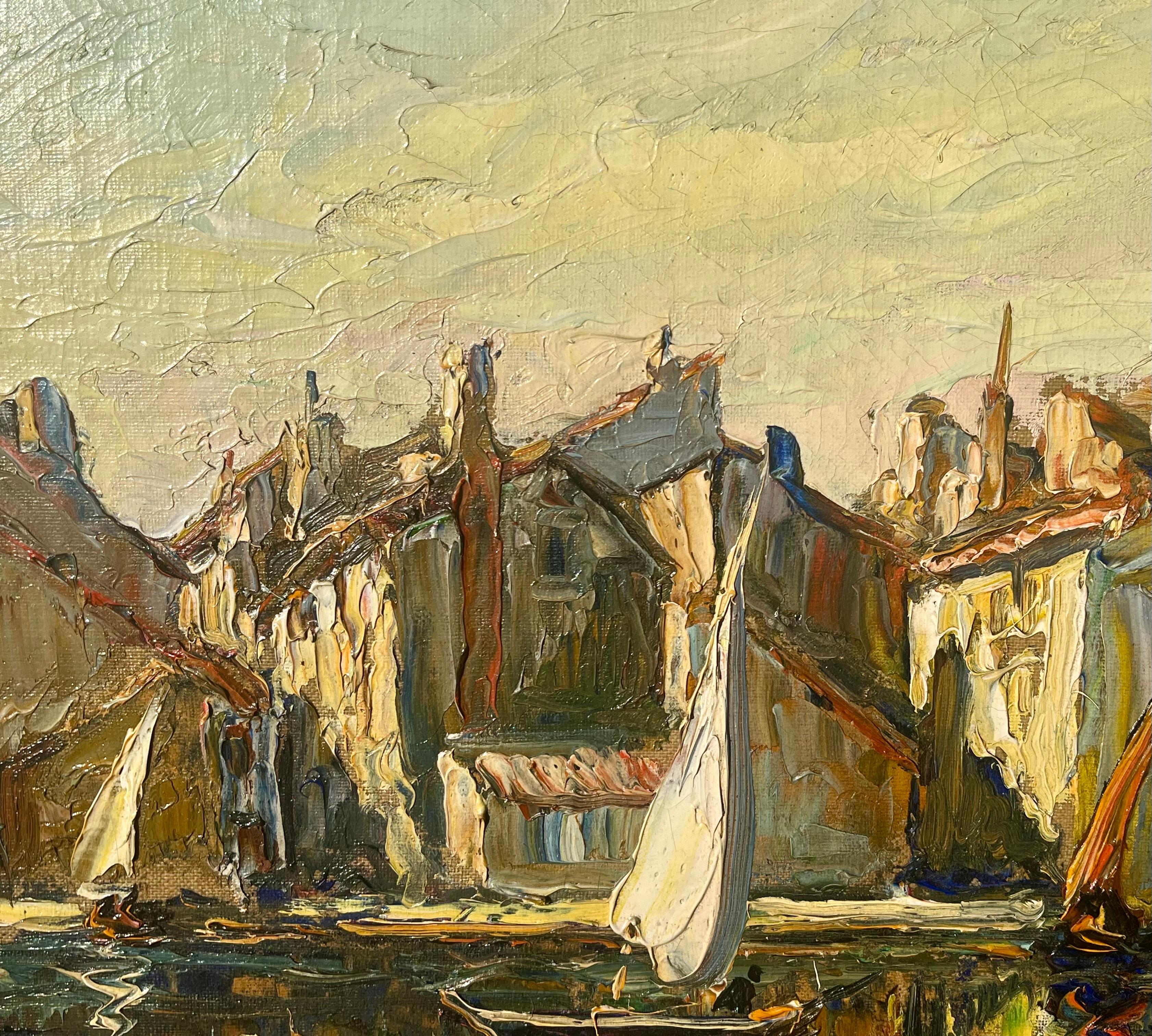 Navigare in una città costiera - Landscape Painting Beige di Joseph Hurard