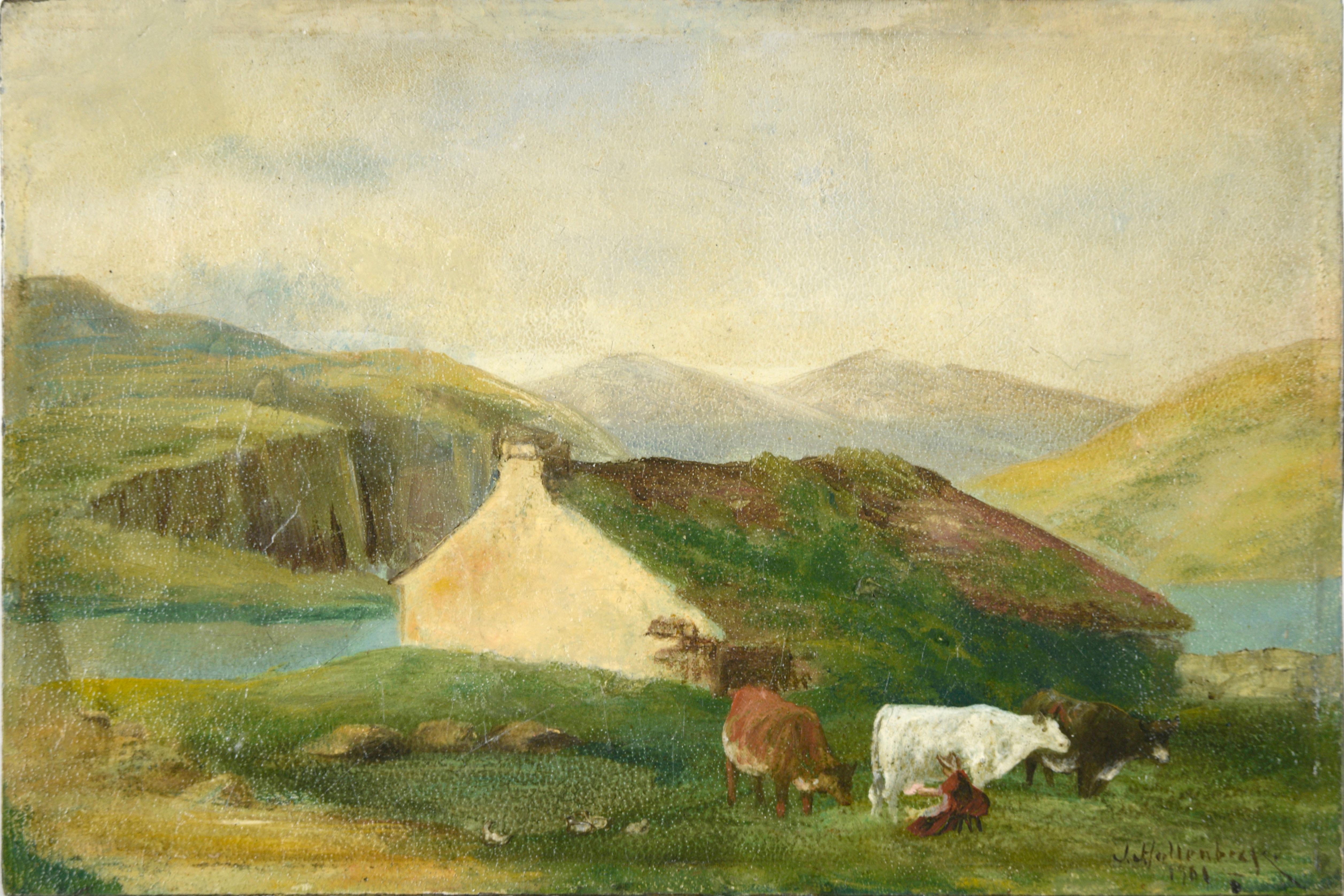 Scène pastorale antique - Peinture à l'huile miniature