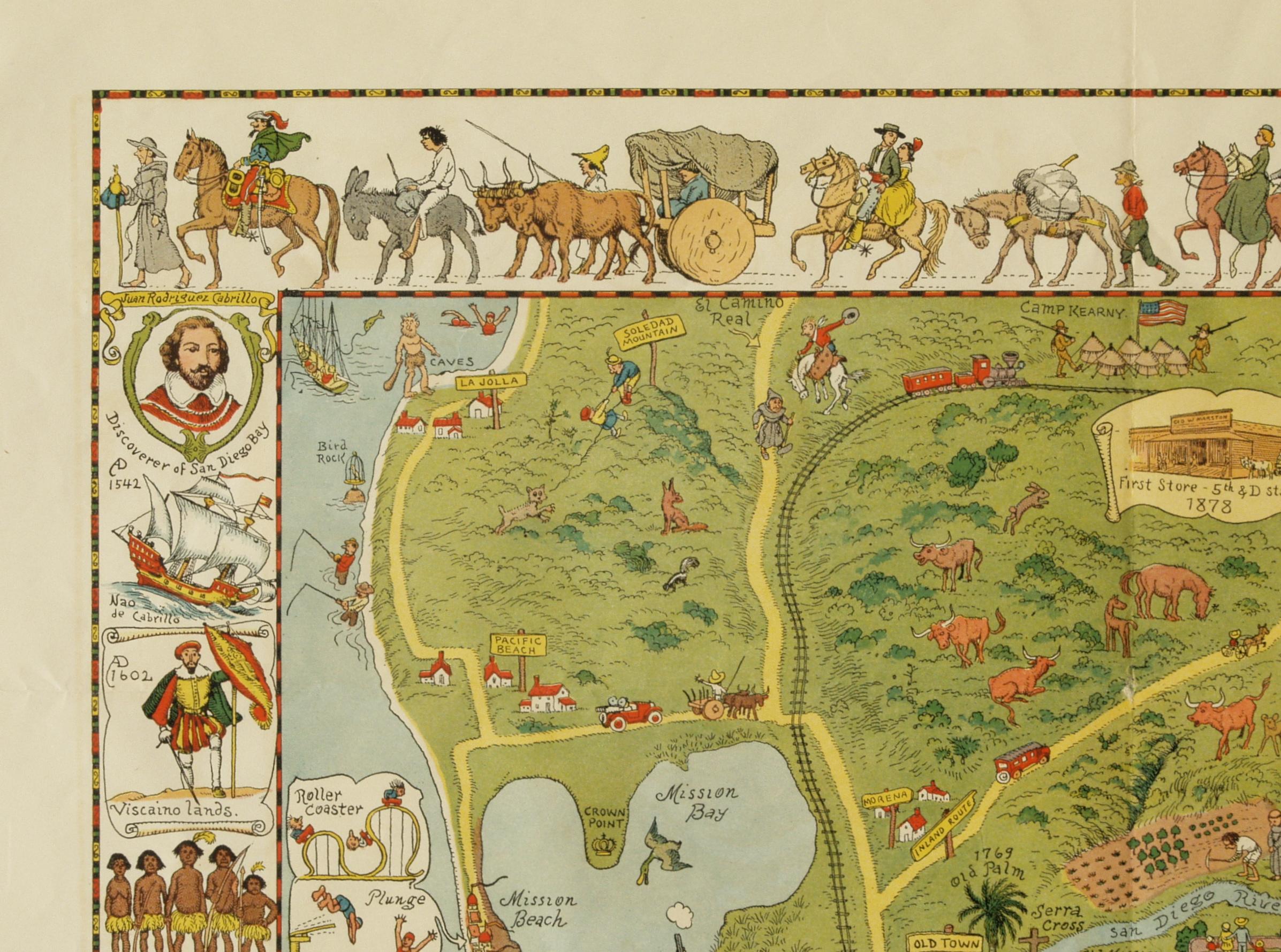 Carta di San Diego del 1928 di Jo Mora, mappa pittorica molto rara - Print di Joseph Jacinto Mora