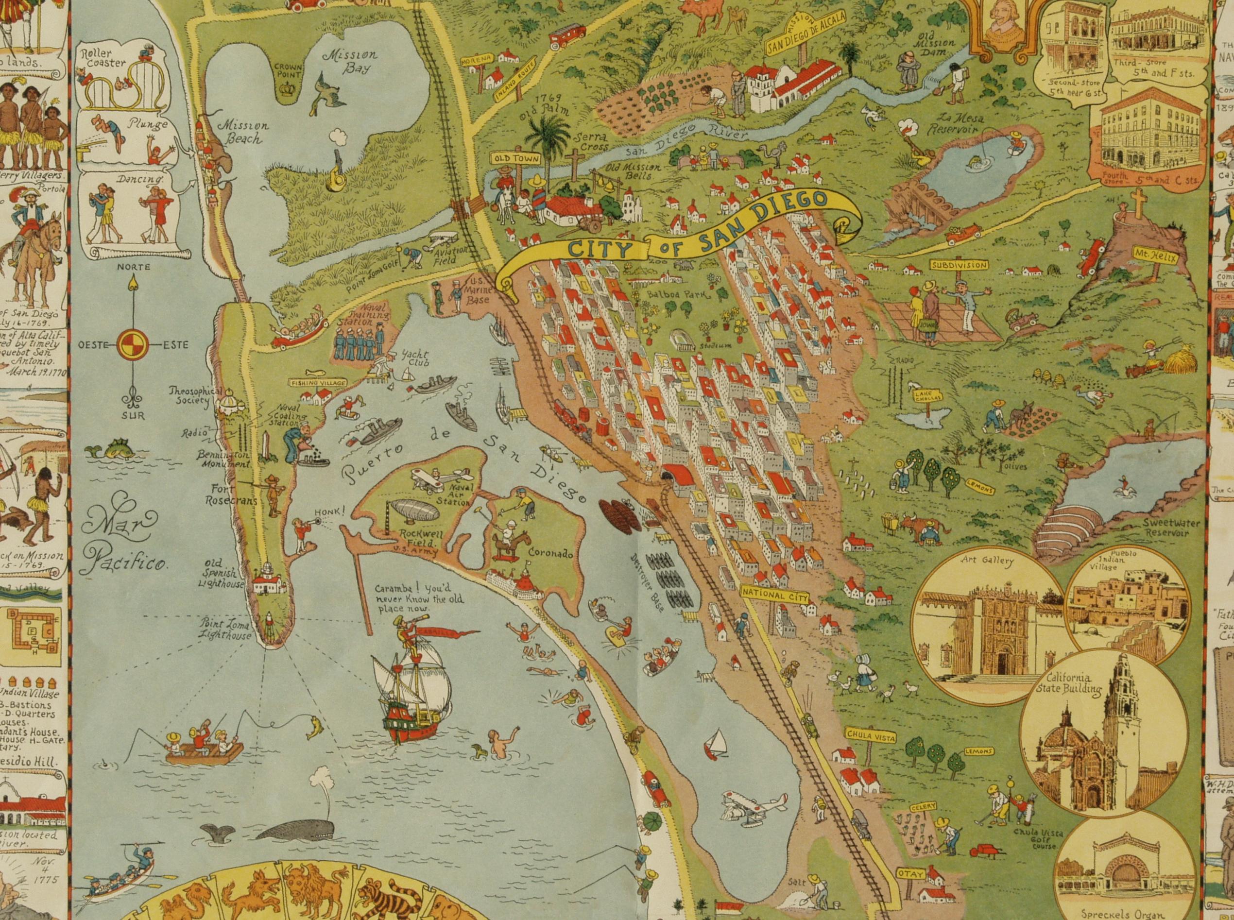 Carta di San Diego del 1928 di Jo Mora, mappa pittorica molto rara - Print Altro stile artistico di Joseph Jacinto Mora