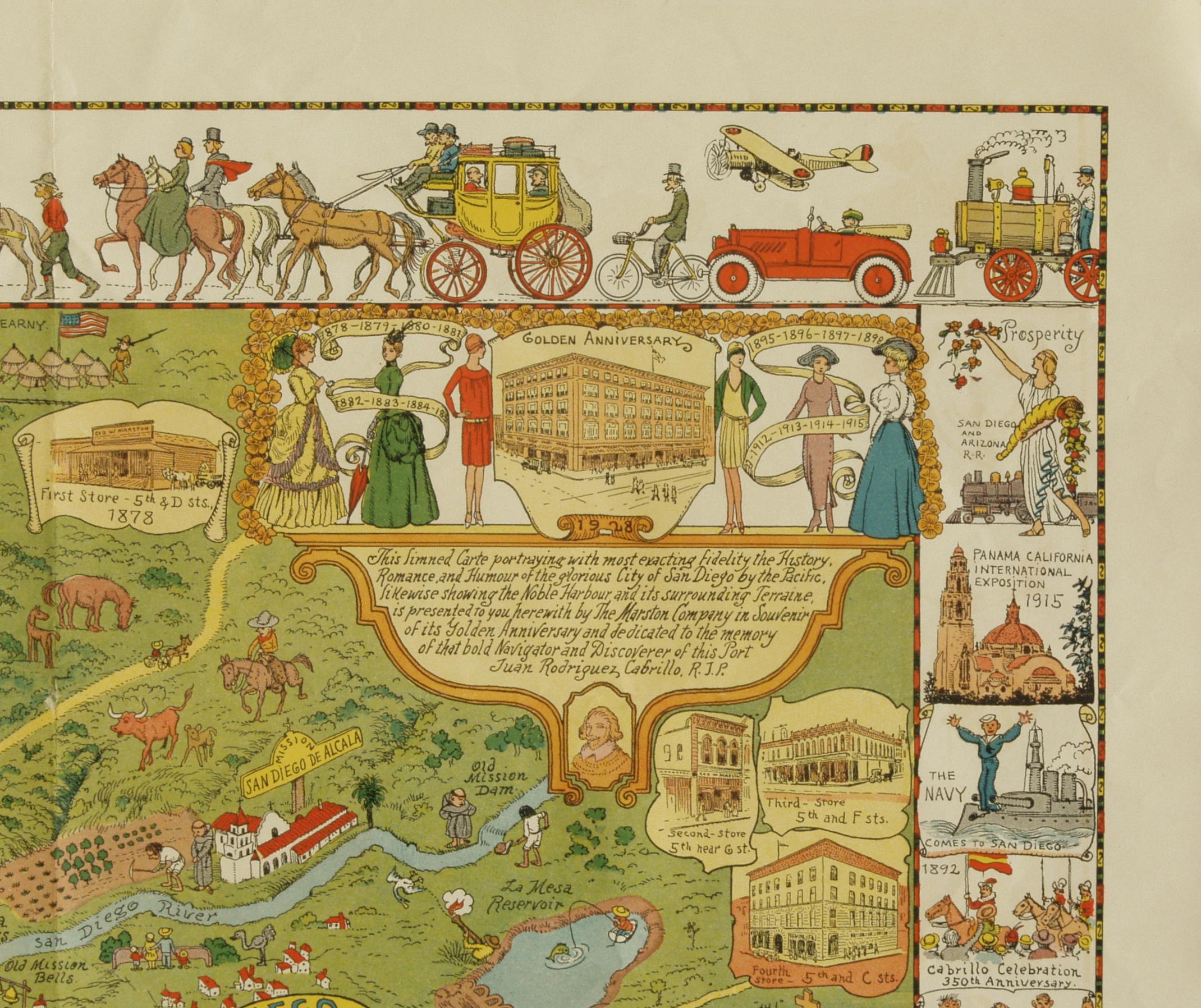Carta di San Diego del 1928 di Jo Mora, mappa pittorica molto rara - Print Marrone di Joseph Jacinto Mora