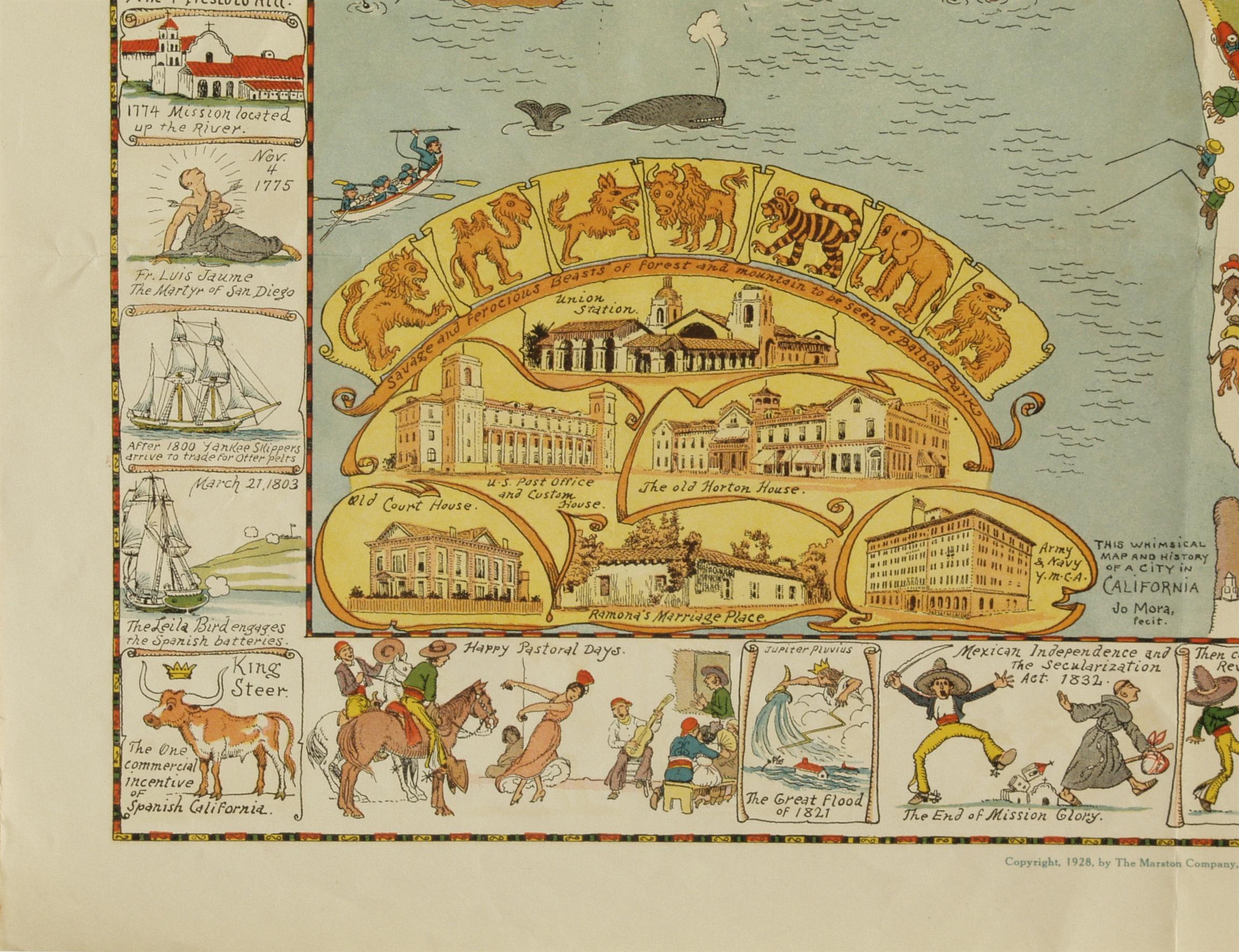 Carta di San Diego del 1928 di Jo Mora, mappa pittorica molto rara
 
Dimensioni: 28 x 22,5 pollici (71,12 x 57,15 cm)
In ottime condizioni per l'età che ha.
Originariamente è stato consegnato piegato in una busta per essere spedito. Sono visibili