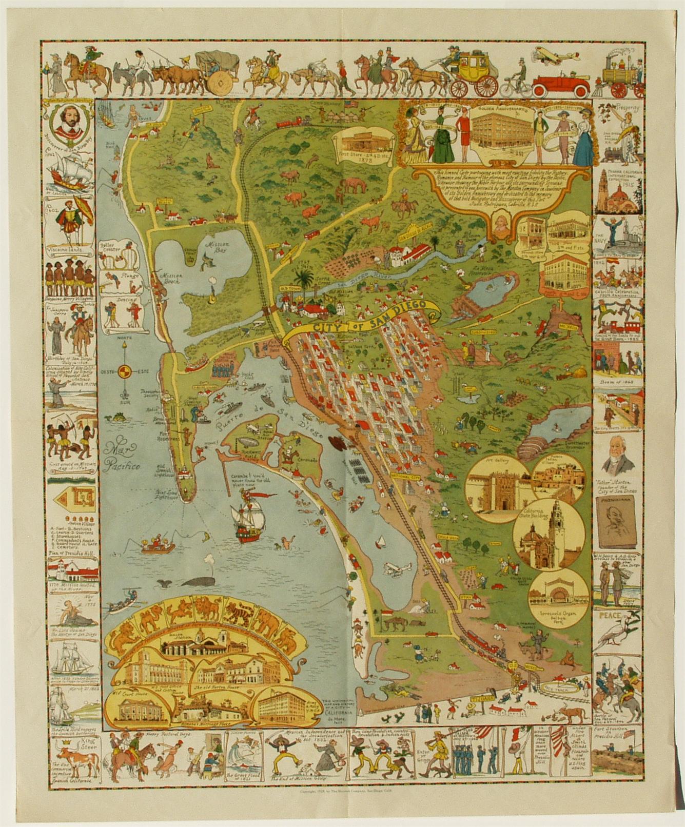 Print di Joseph Jacinto Mora - Carta di San Diego del 1928 di Jo Mora, mappa pittorica molto rara