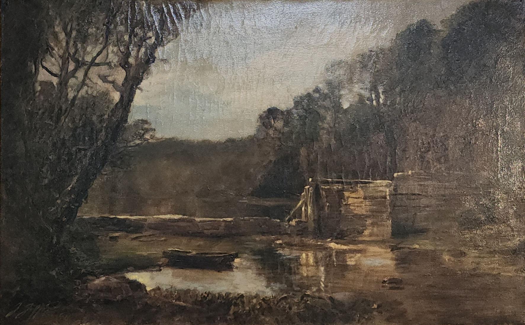 "Milldam on the Miramichi" Joseph Jefferson, Amerikaner, Landschaft der Schule von Barbizon