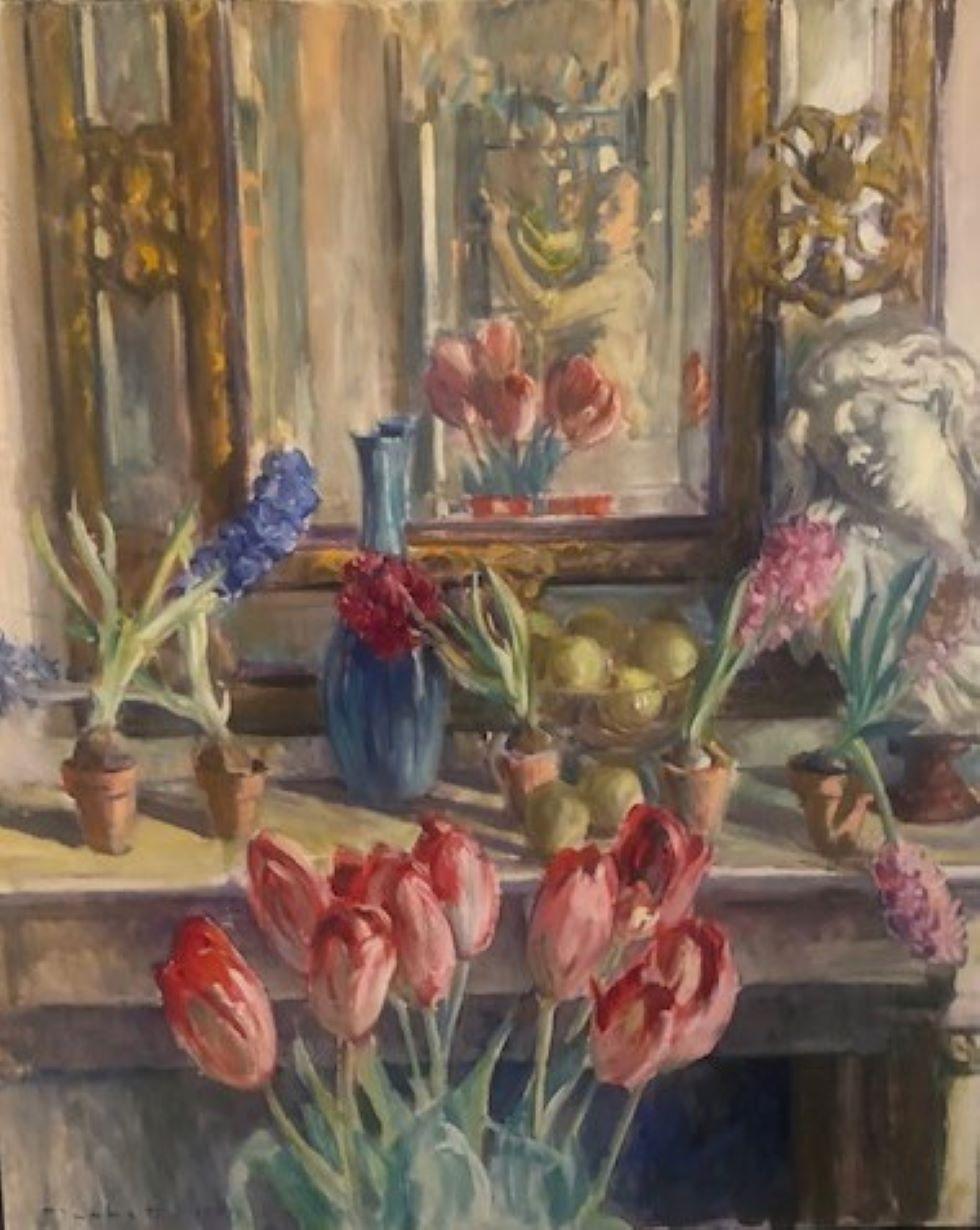 Joseph 'Joe' Plaskett Artist's Studio Öl auf Leinwand Stillleben Blumen Gemälde (Moderne der Mitte des Jahrhunderts) im Angebot