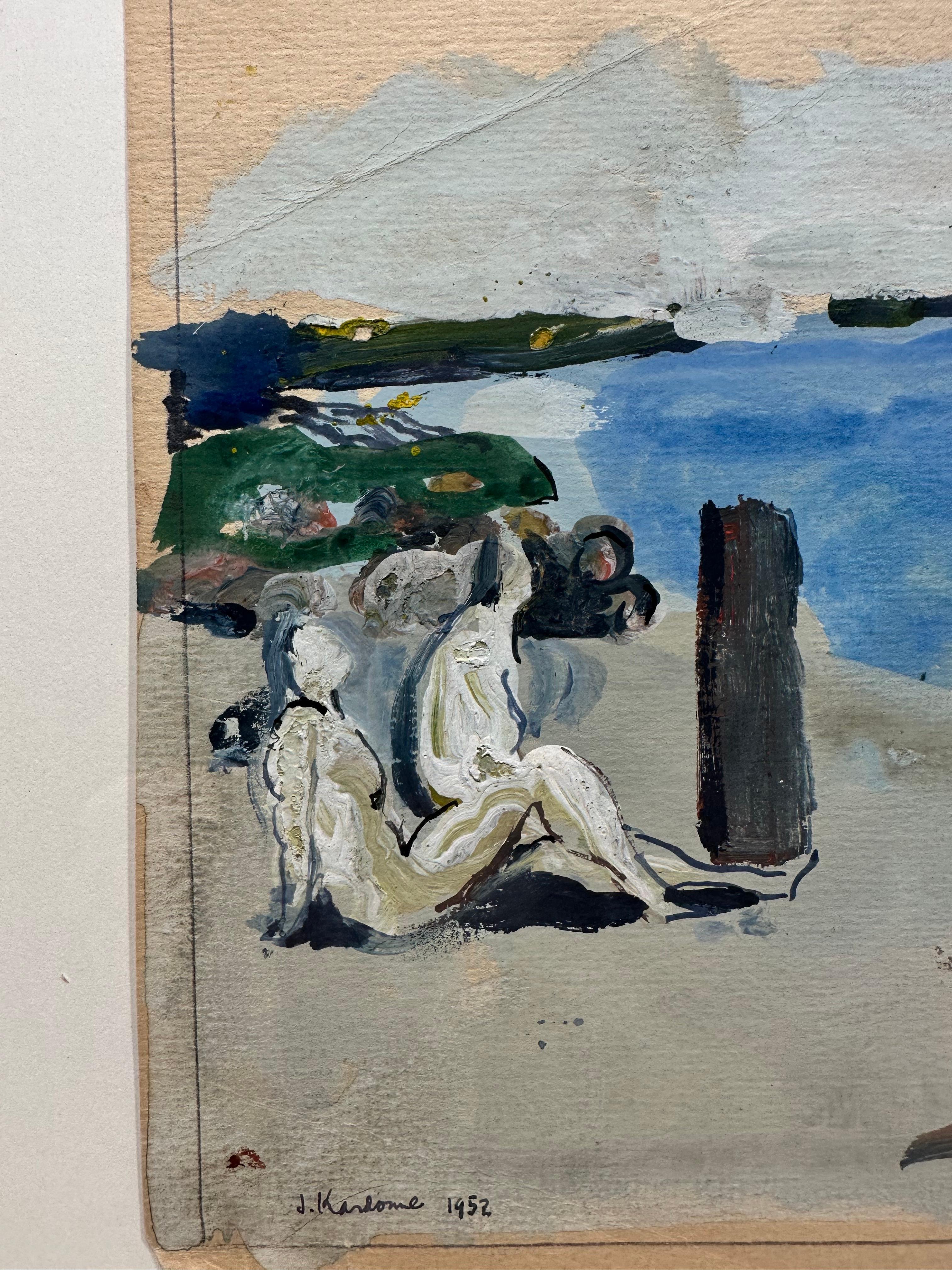 Joseph Kardonne (1911-1985).Male Figure at Beach, 1952.. Gouache on cardboard panel, 9 x 10 inches, 14.5 x 15.25 inches in maple frame. Signed, dated lower left.

Born in Newark, New Jersey in 1911, Joe Kardonne first showed an interest in art at an