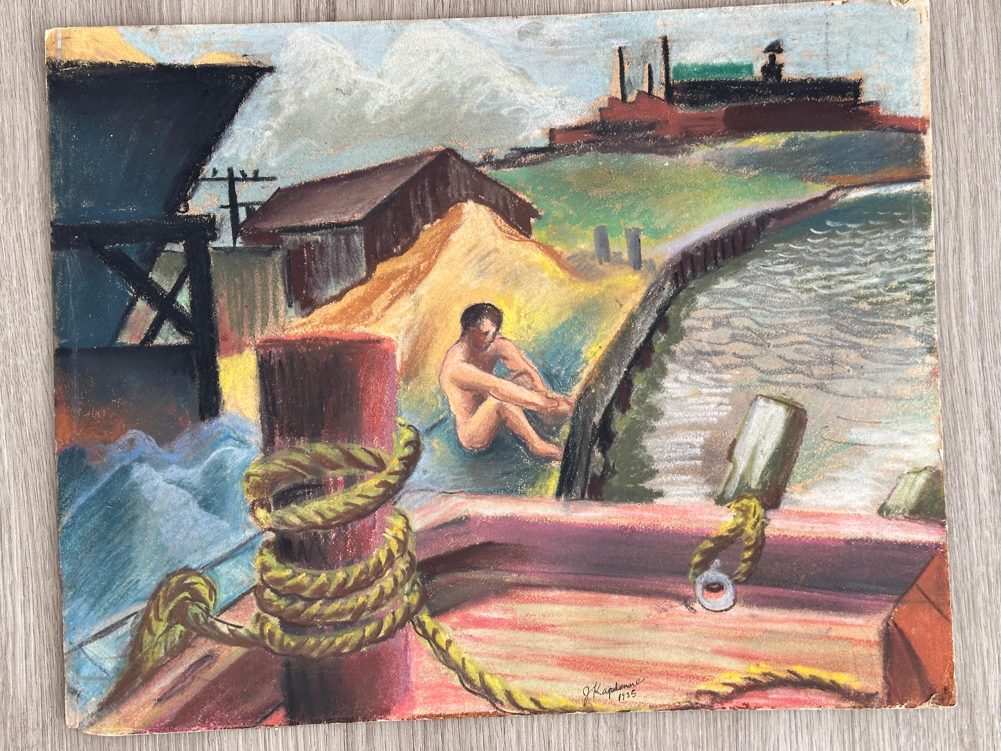 Joseph Kardonne Abstract Painting - Male Nude in Industrial Landscape