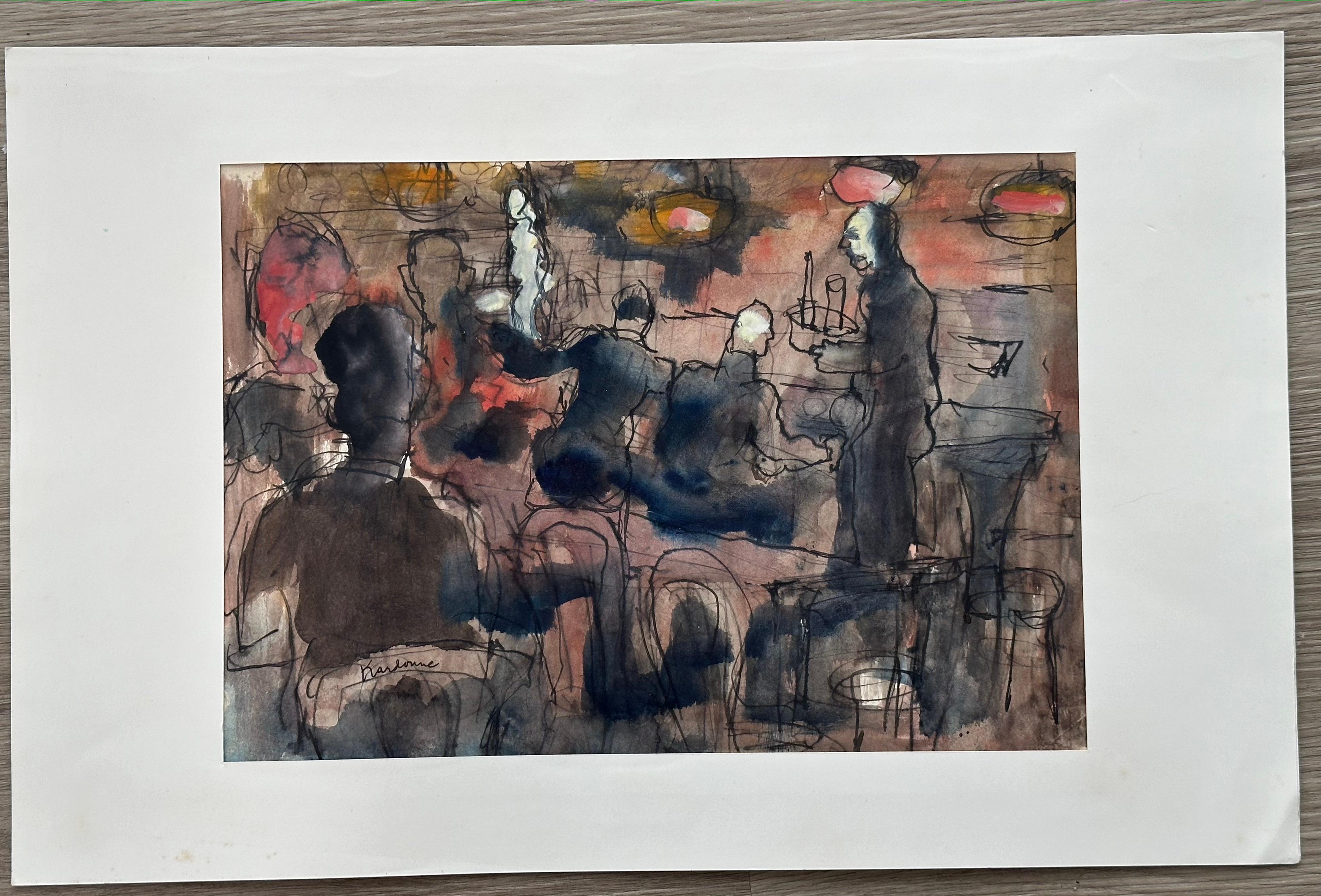 Joseph Kardonne (1911-1985). Night Club New York, vers les années 1960 . Aquarelle sur papier, la feuille mesure 8,5 x 12 pouces ; 11 x 17 dans le passe-partout.  Excellent état.

Né à Newark, dans le New Jersey, en 1911, Joe Kardonne s'est