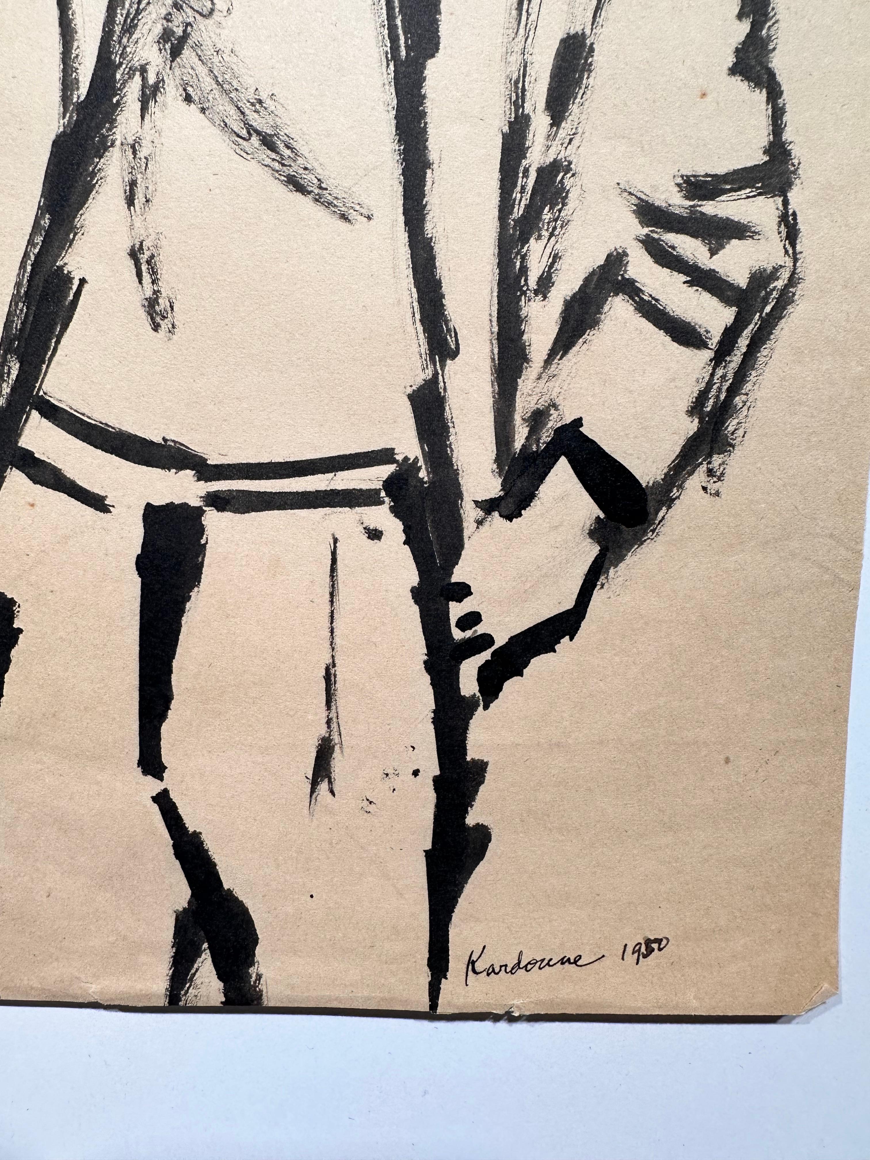 Joseph Kardonne (1911-1985). Portrait of Man in Trench Coat, 1950. Ink on paper, measuring 8 x 12 inches. Signed, dated and titled lower right. Unframed

Born in Newark, New Jersey in 1911, Joe Kardonne first showed an interest in art at an early