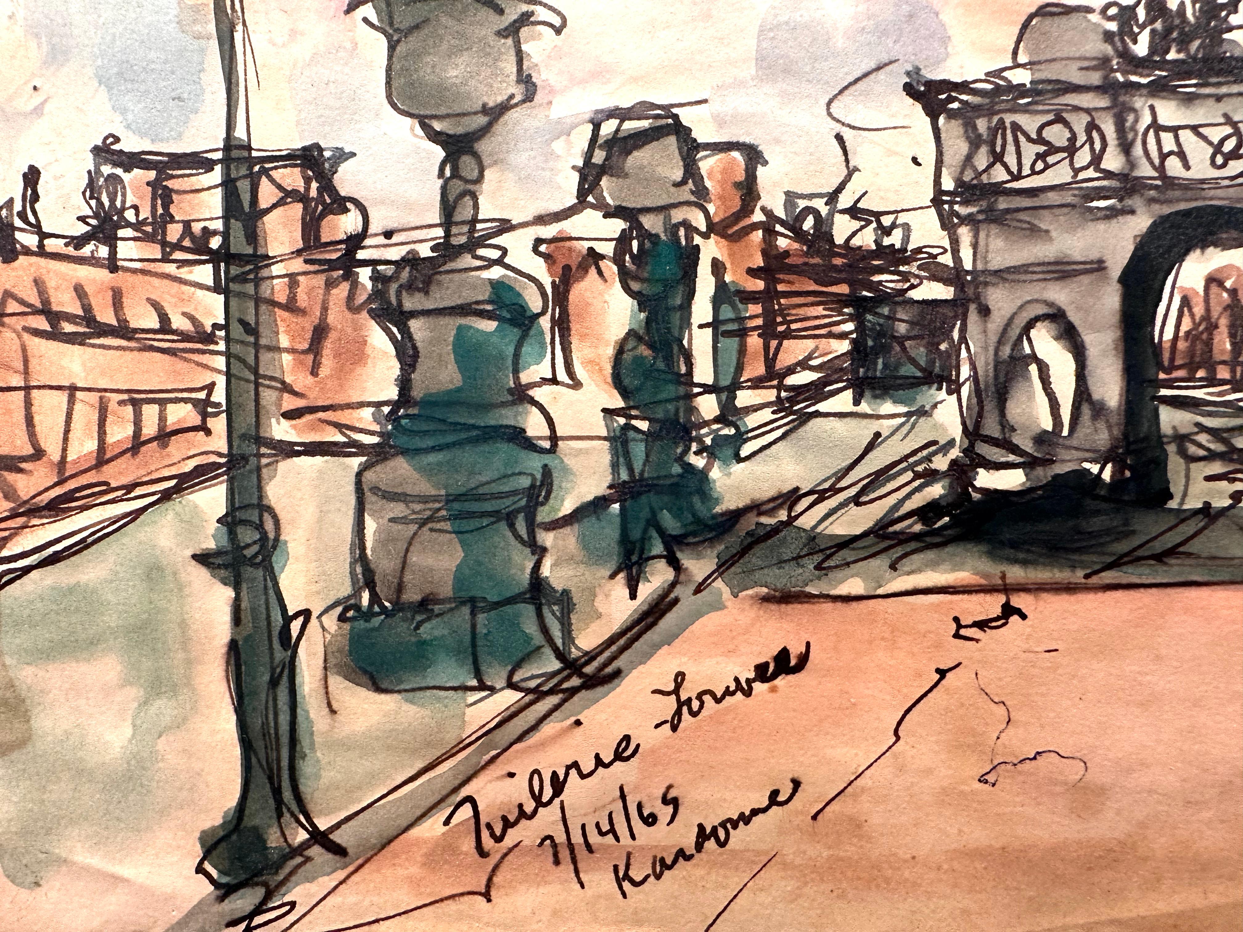 Giardini delle Tuileries Louvre Parigi - Painting di Joseph Kardonne