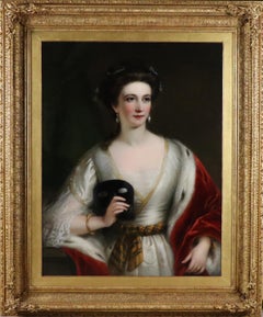 Portrait of an Elegant Noble Lady holding a black Mask, wearing a Ball Gown with