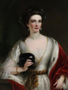 Portrait of an Elegant Noble Lady holding a black Mask, wearing a Ball Gown with
