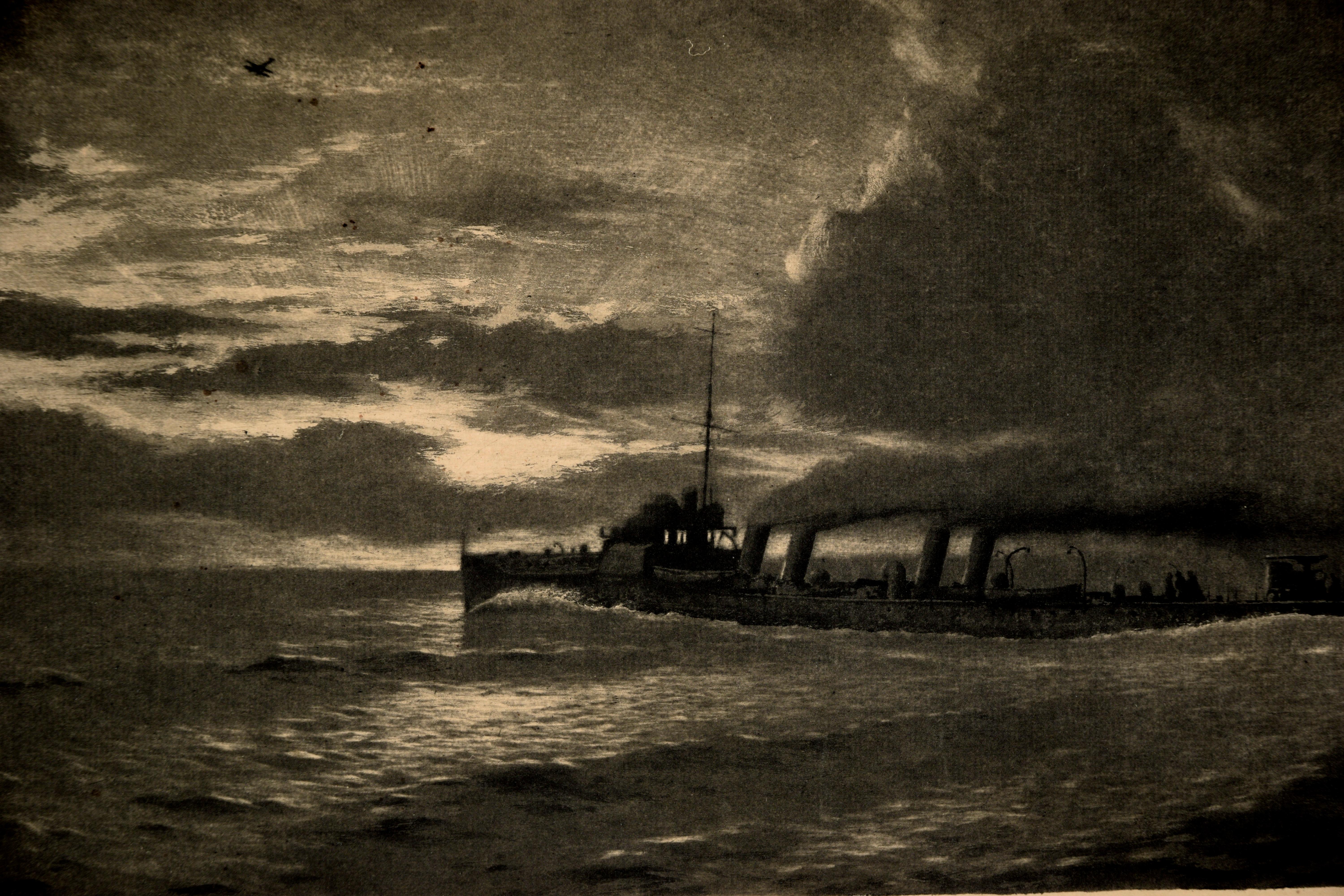 Antique British Steamship Signed Etching - English School Print by Joseph Kirkpatrick