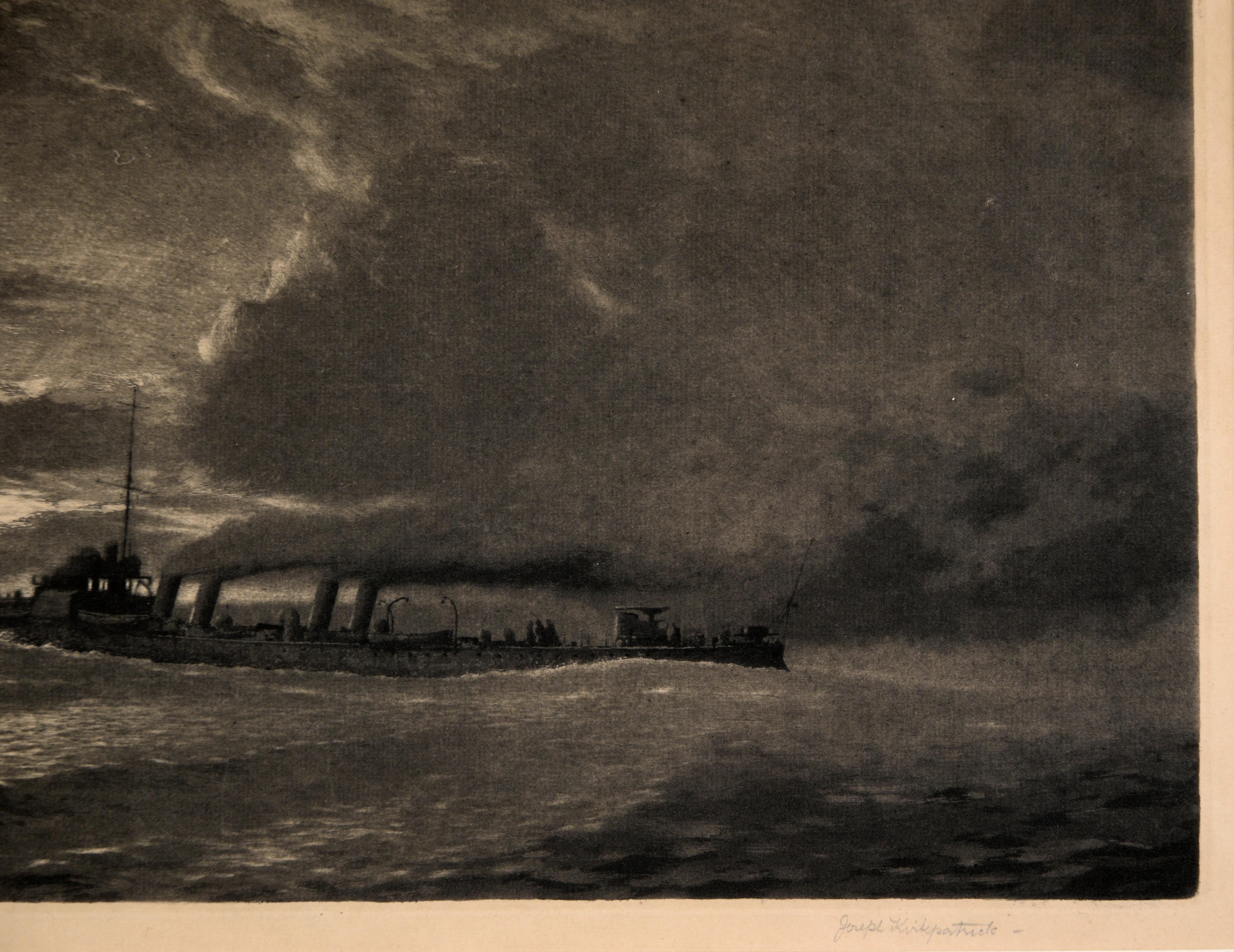 Antique British Steamship Signed Etching - Beige Landscape Print by Joseph Kirkpatrick