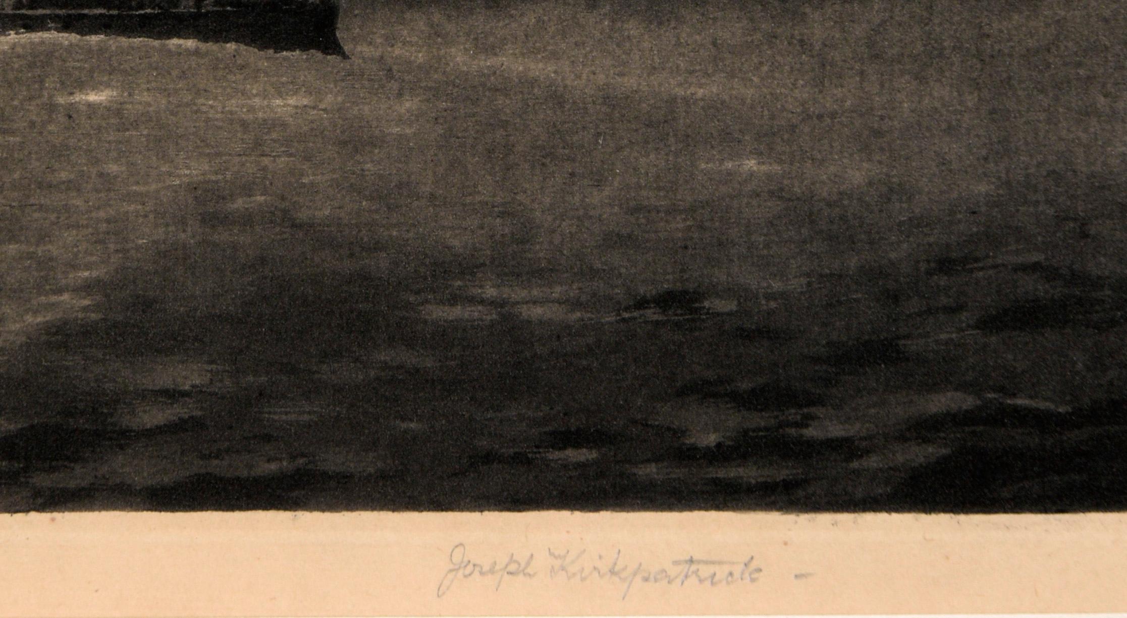 Antique British Steamship Etching

This moody etching by Joseph Kirkpatrick (British, b. 1874 d. 1936) features a steamboat in the midst of choppy water with a dramatic cloudy sky behind it. The smoke from the stacks on the ship billows into the sky