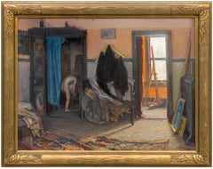 Studio Interior - Interior Oil on Canvas Painting with Figure, 1918