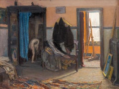 Studio Interior - Interior Oil on Canvas Painting with Figure, 1918