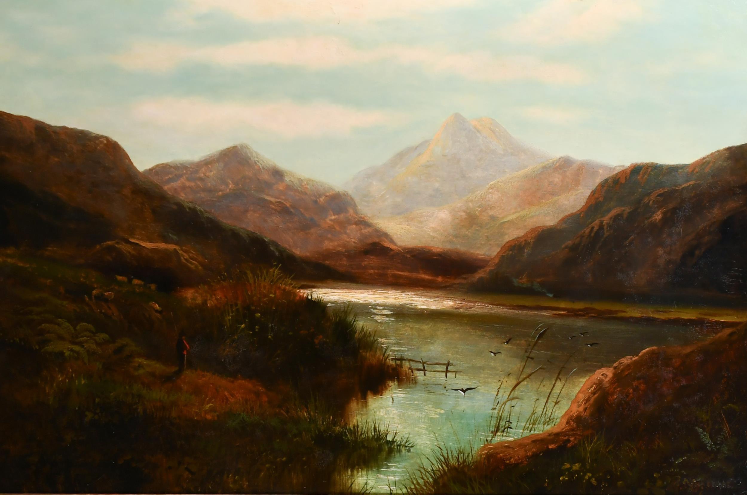 Admiring the View
Figure standing and admiring the majestic Scottish loch scene before him. 
Joseph Knight (1837-1909) British
signed lower corner
oil painting on canvas, framed
canvas: 30 x 50 inches
swept gilt frame with highly ornate moulding: 36