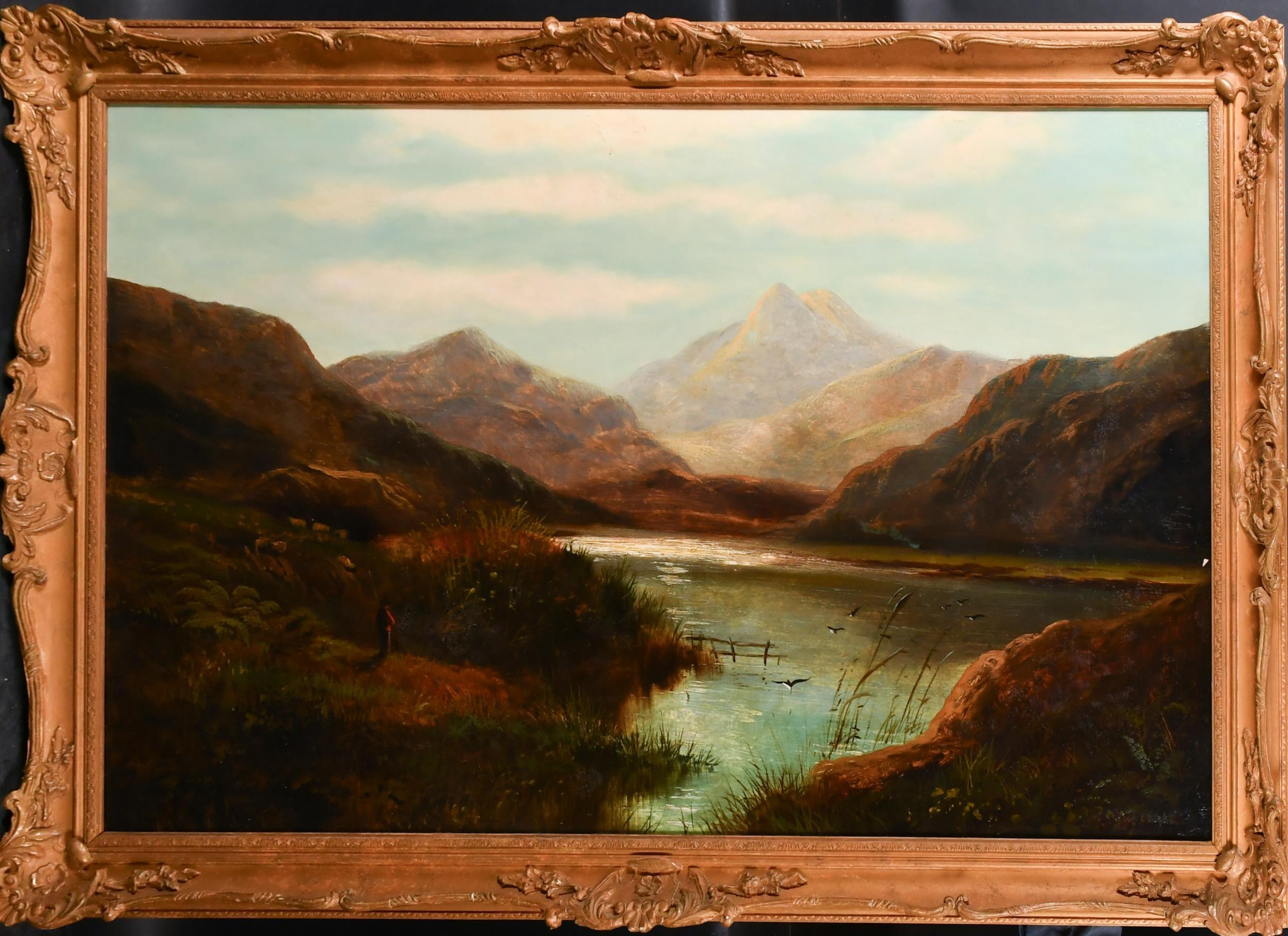 Joseph Knight (1837-1909) Landscape Painting - Huge Victorian Signed Oil Painting Scottish Highland Loch Figure Admiring View