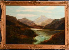 Grande peinture à l'huile victorienne signée représentant une figure des Lochs des Highlands écossais admirant la vue