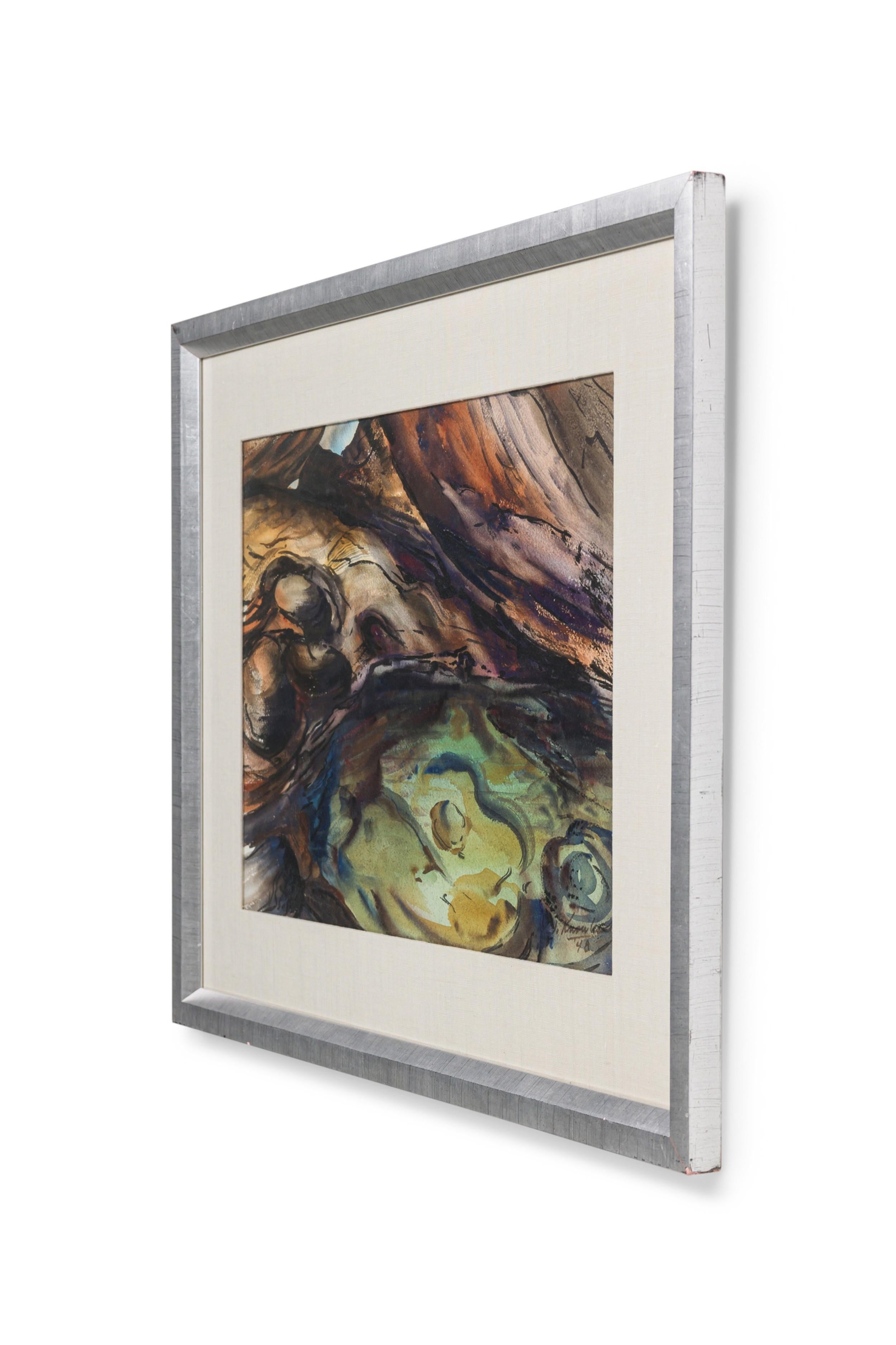 Acuarela abstracta americana de posguerra es una composición abstracta de formas y texturas arremolinadas que se asemejan a un tronco de árbol o a una formación rocosa (titulada: Remolino) (JOSEPH KNOWLES)