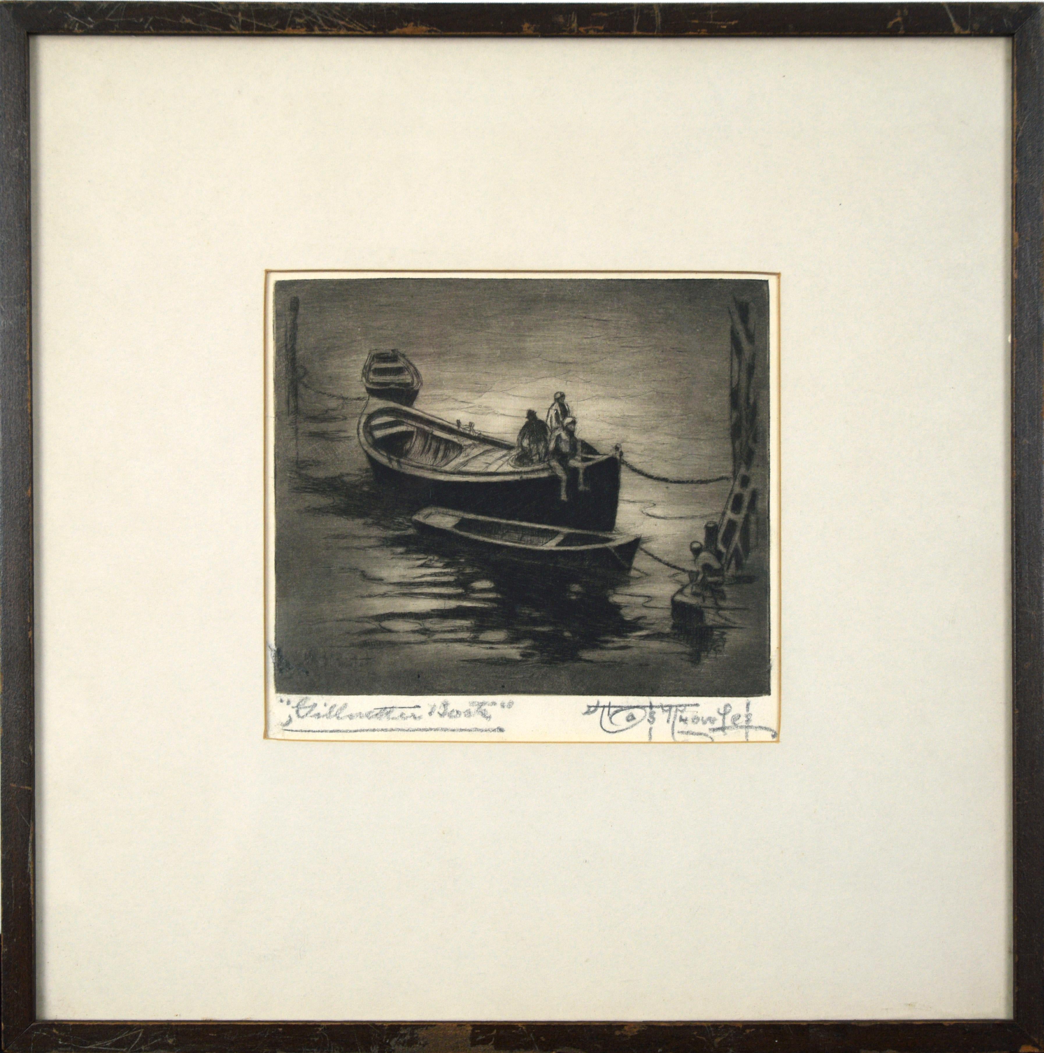 Figurative Print Joseph Knowles - "Bateaux à filets maillants" Côte du Pacifique Gravure à la pointe sèche ancienne