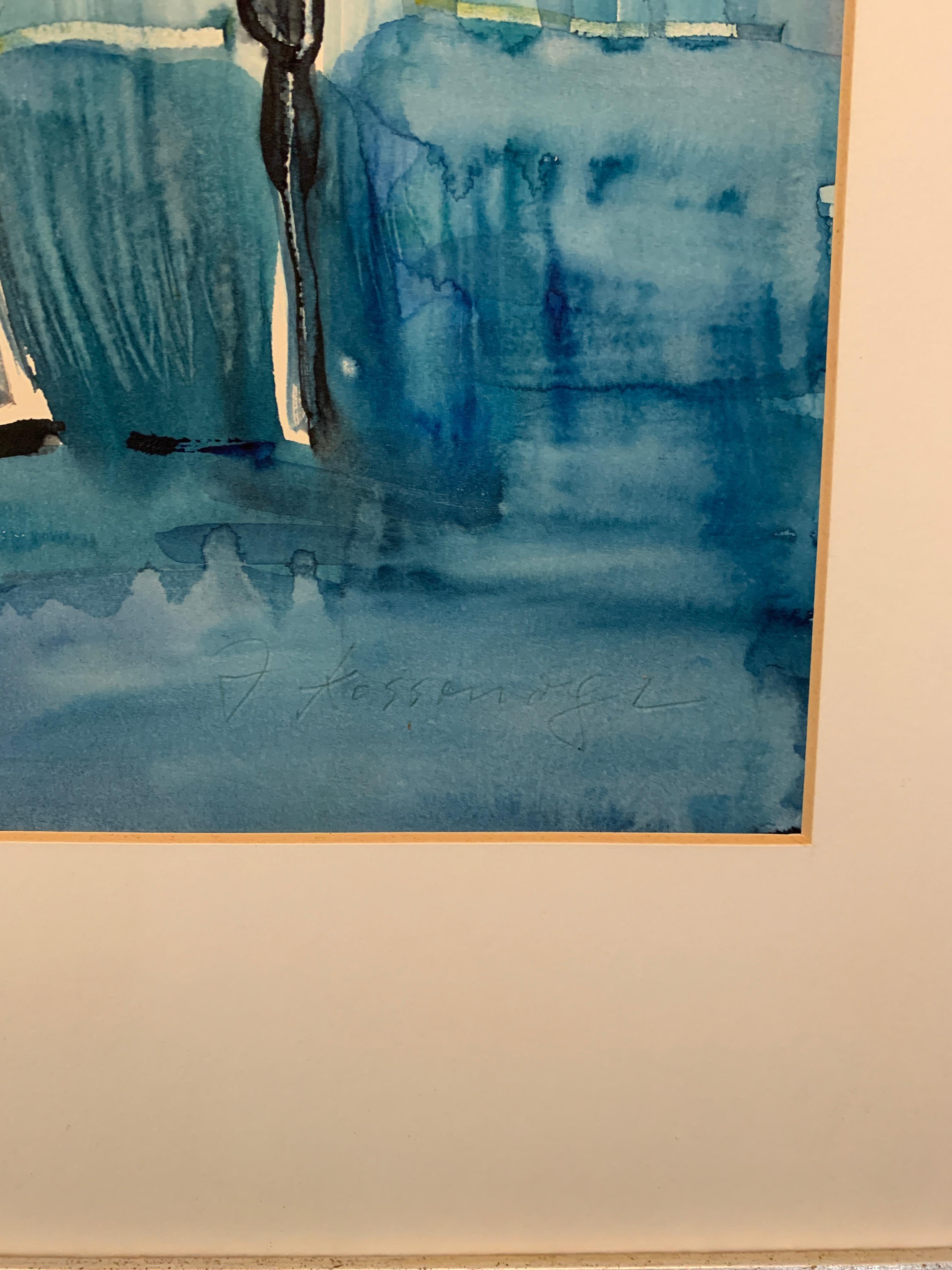 Joseph Kossonogi Original Mid Century Painting Blue Concert Scene Israeli Artist For Sale 4