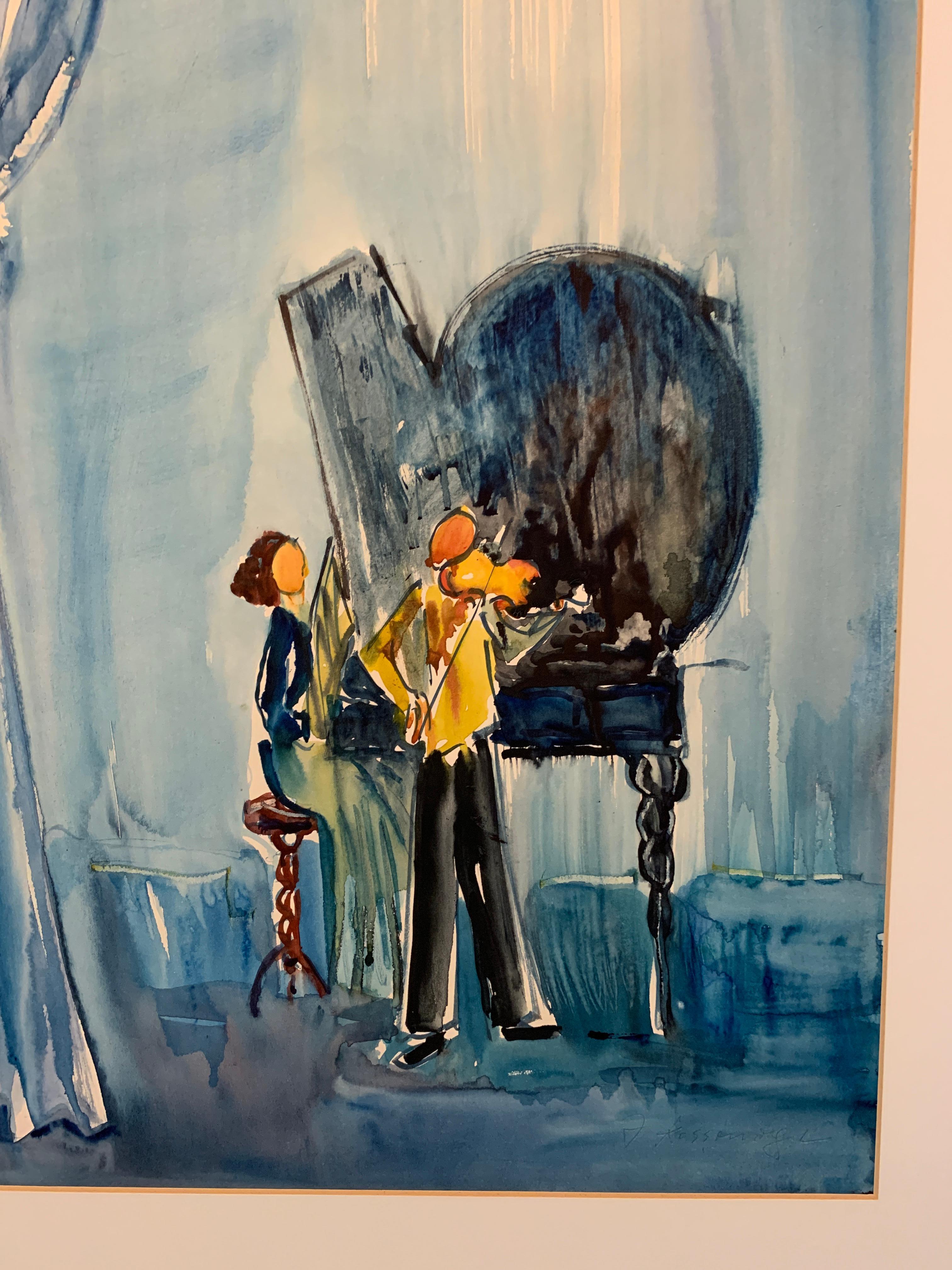 Joseph Kossonogi Original Mid Century Painting Blue Concert Scene Israeli Artist For Sale 5