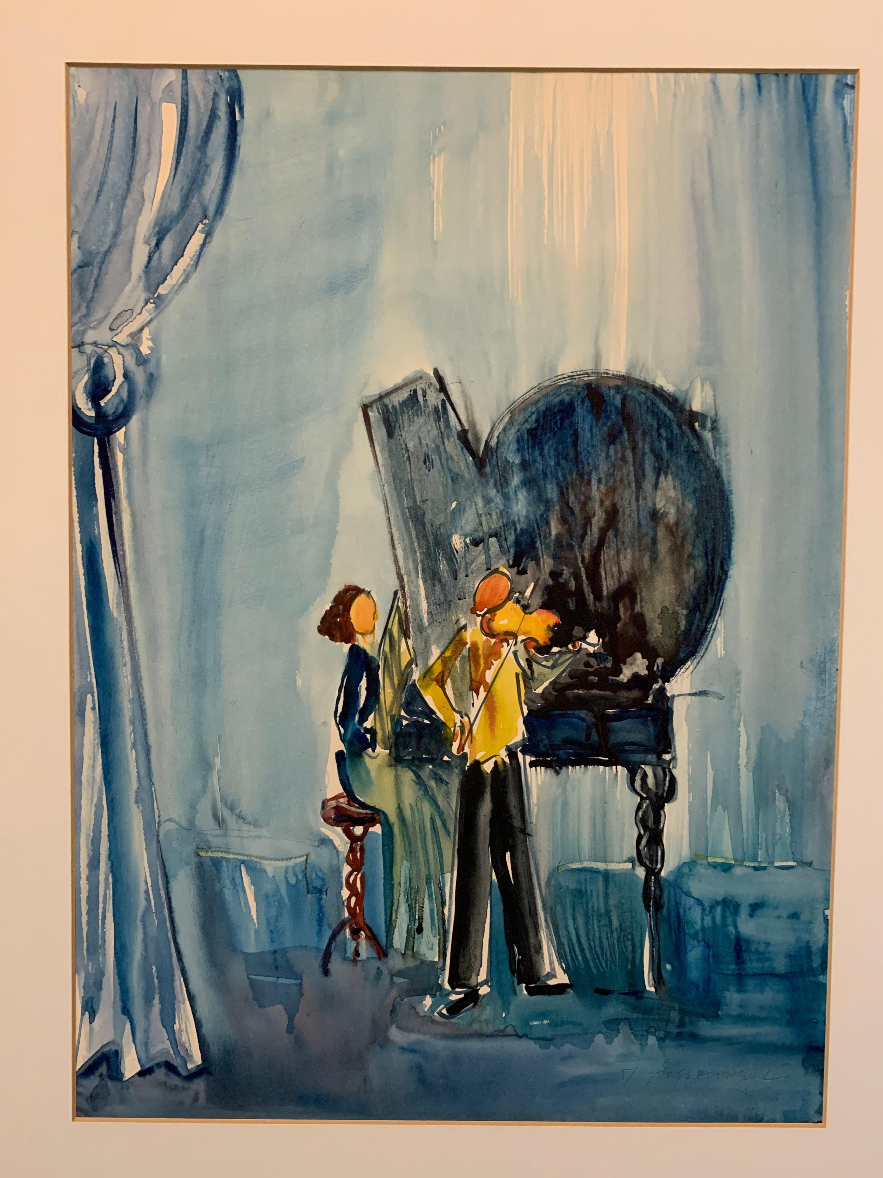 Joseph Kossonogi Original Mid Century Painting Blue Concert Scene Israeli Artist For Sale 6
