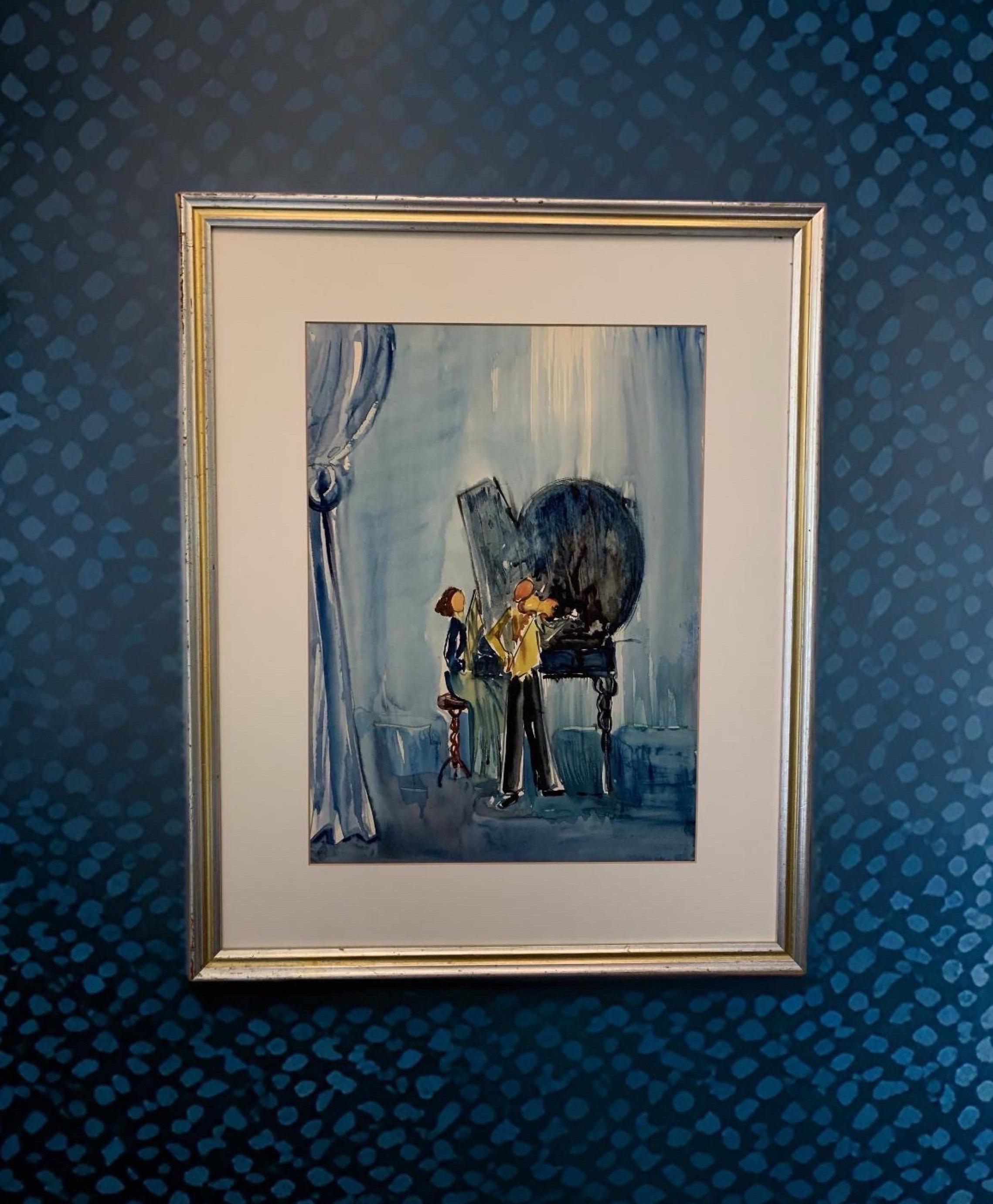Modern Joseph Kossonogi Original Mid Century Painting Blue Concert Scene Israeli Artist For Sale