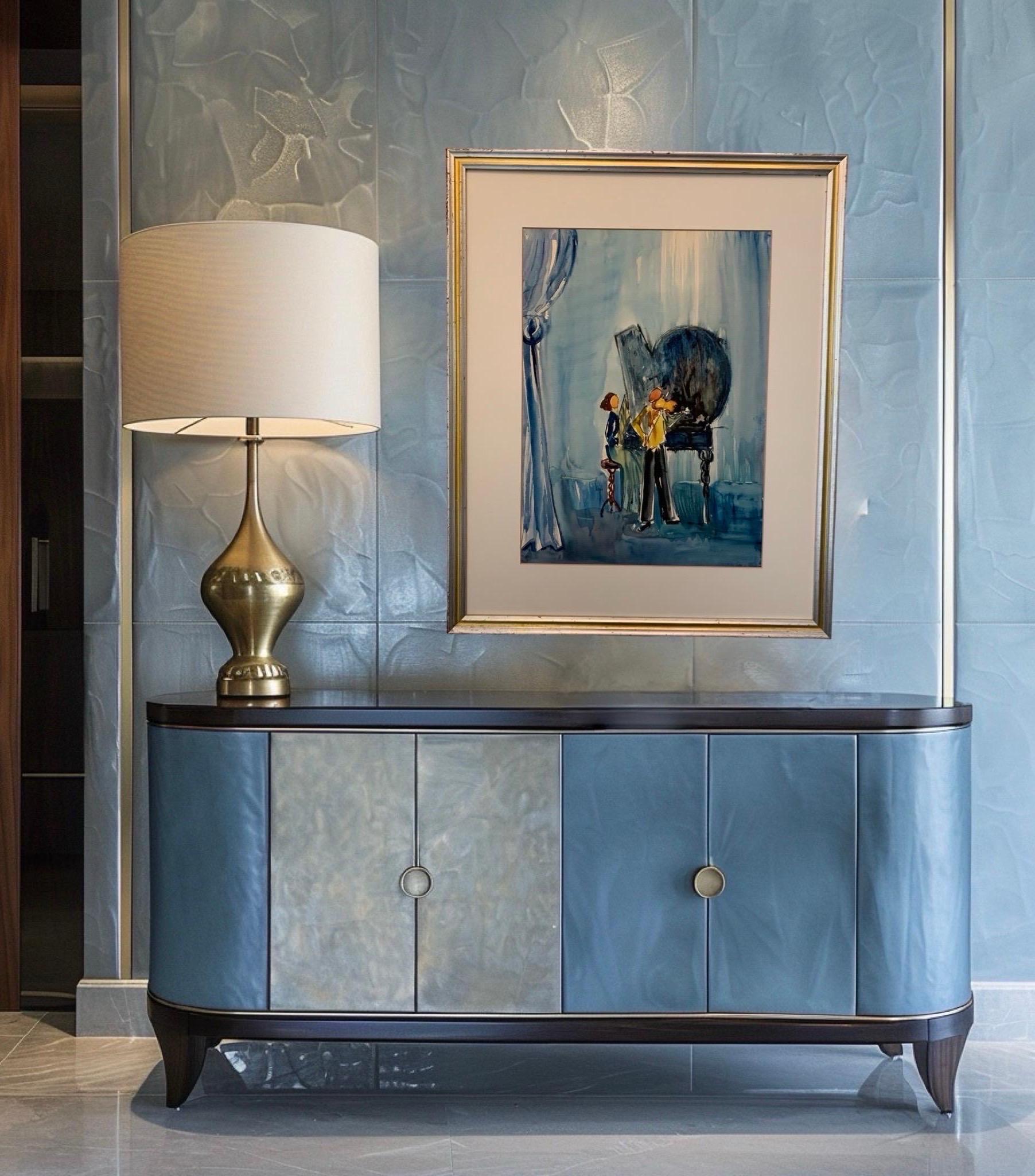 Hand-Painted Joseph Kossonogi Original Mid Century Painting Blue Concert Scene Israeli Artist For Sale