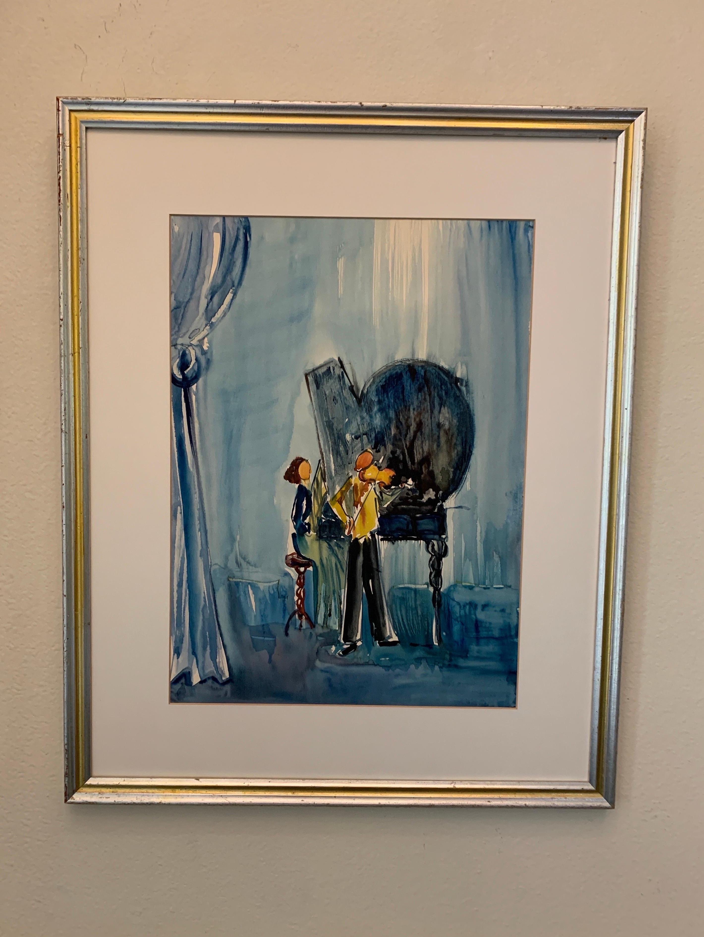 Joseph Kossonogi Original Mid Century Painting Blue Concert Scene Israeli Artist In Good Condition For Sale In Palm Springs, CA