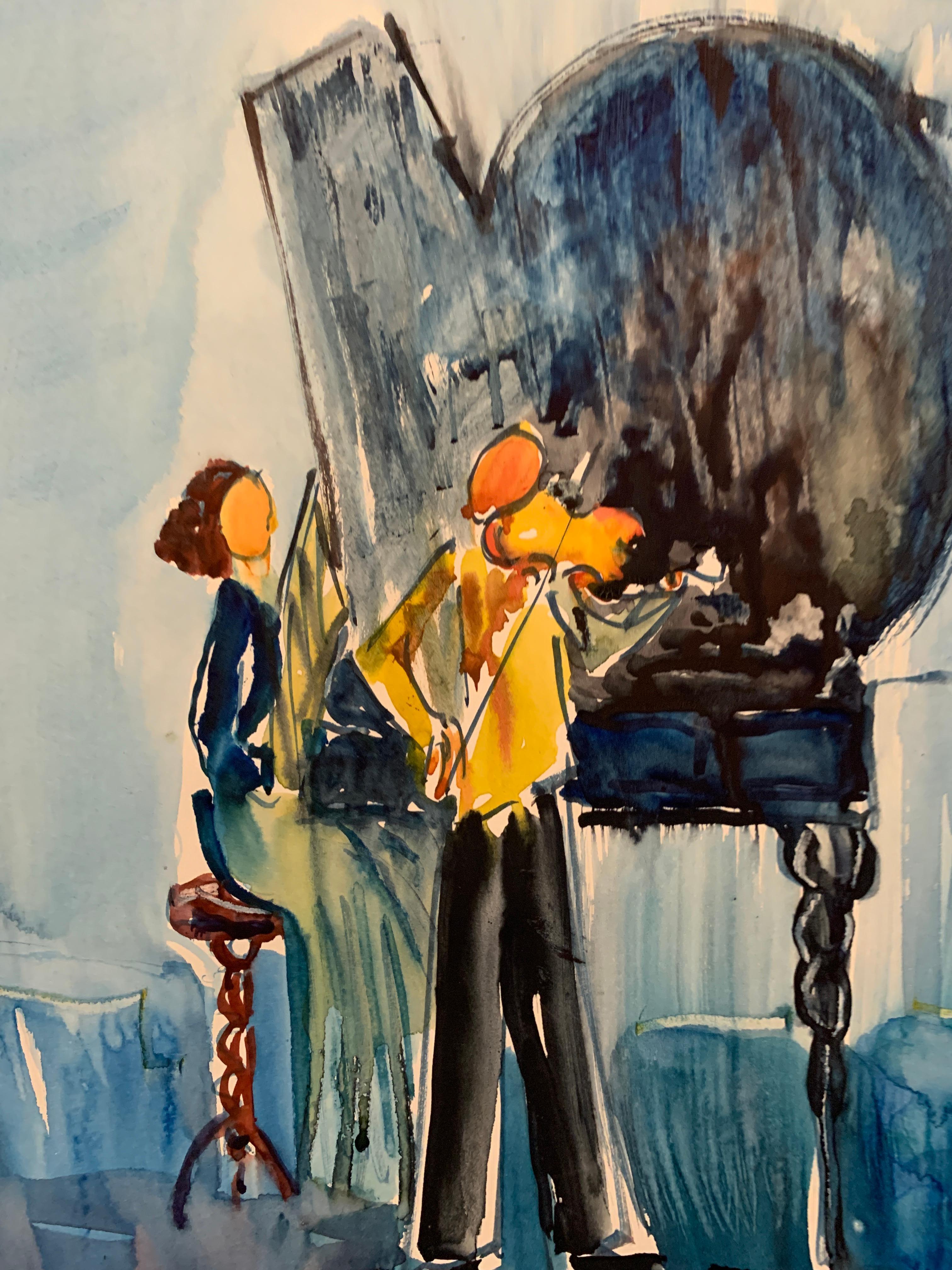 Joseph Kossonogi Original Mid Century Painting Blue Concert Scene Israeli Artist For Sale 3