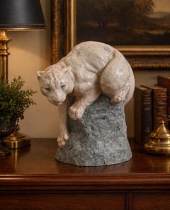 Joseph L. Boulton Puma Sculpture, Reclining Mountain Lion on Rock Base, 1990s
