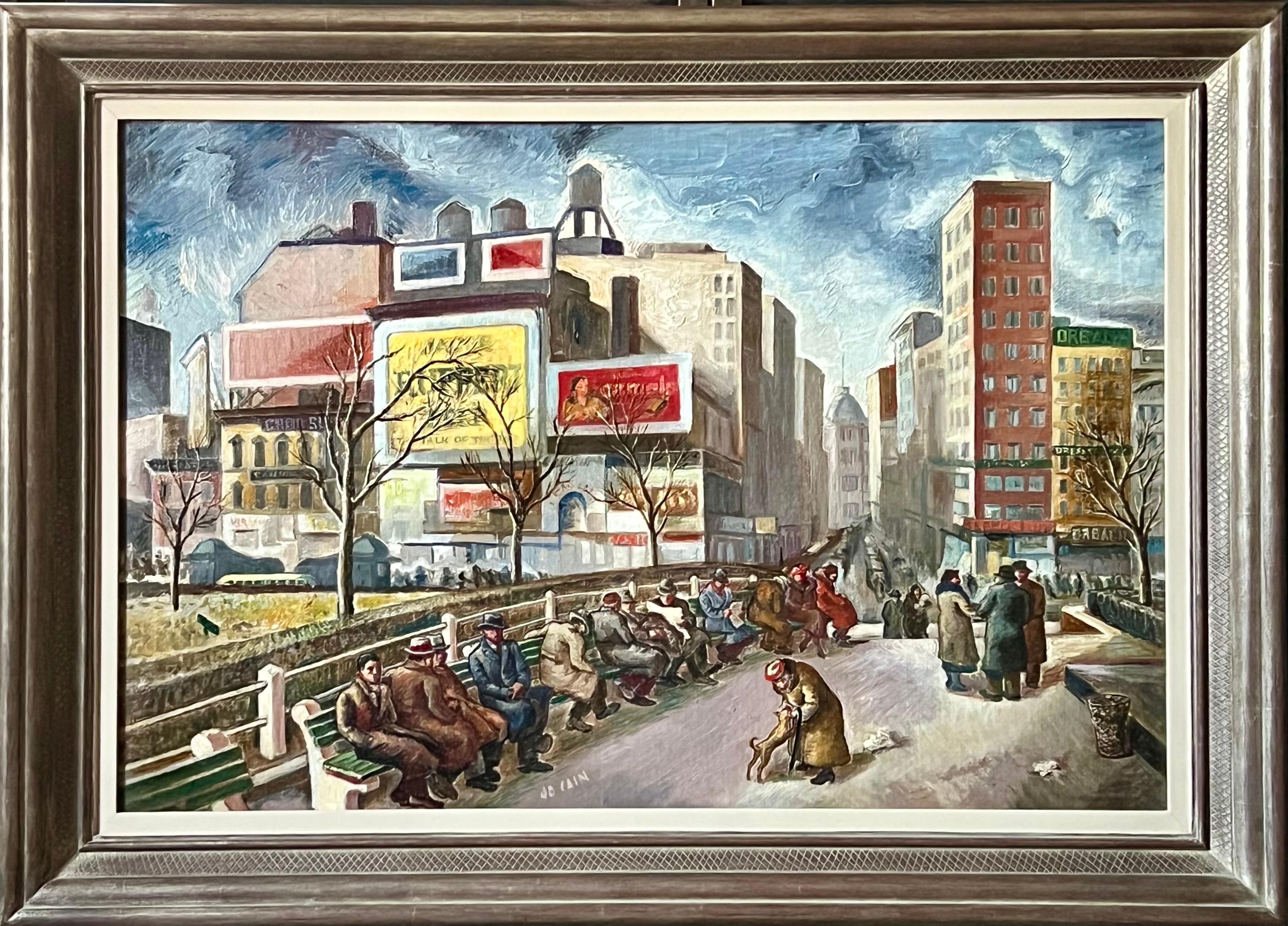 UNION SQUARE Depression Ära Ölgemälde WPA Realismus Amerikanische Szene Realismus NYC (Grau), Figurative Painting, von Jo Cain